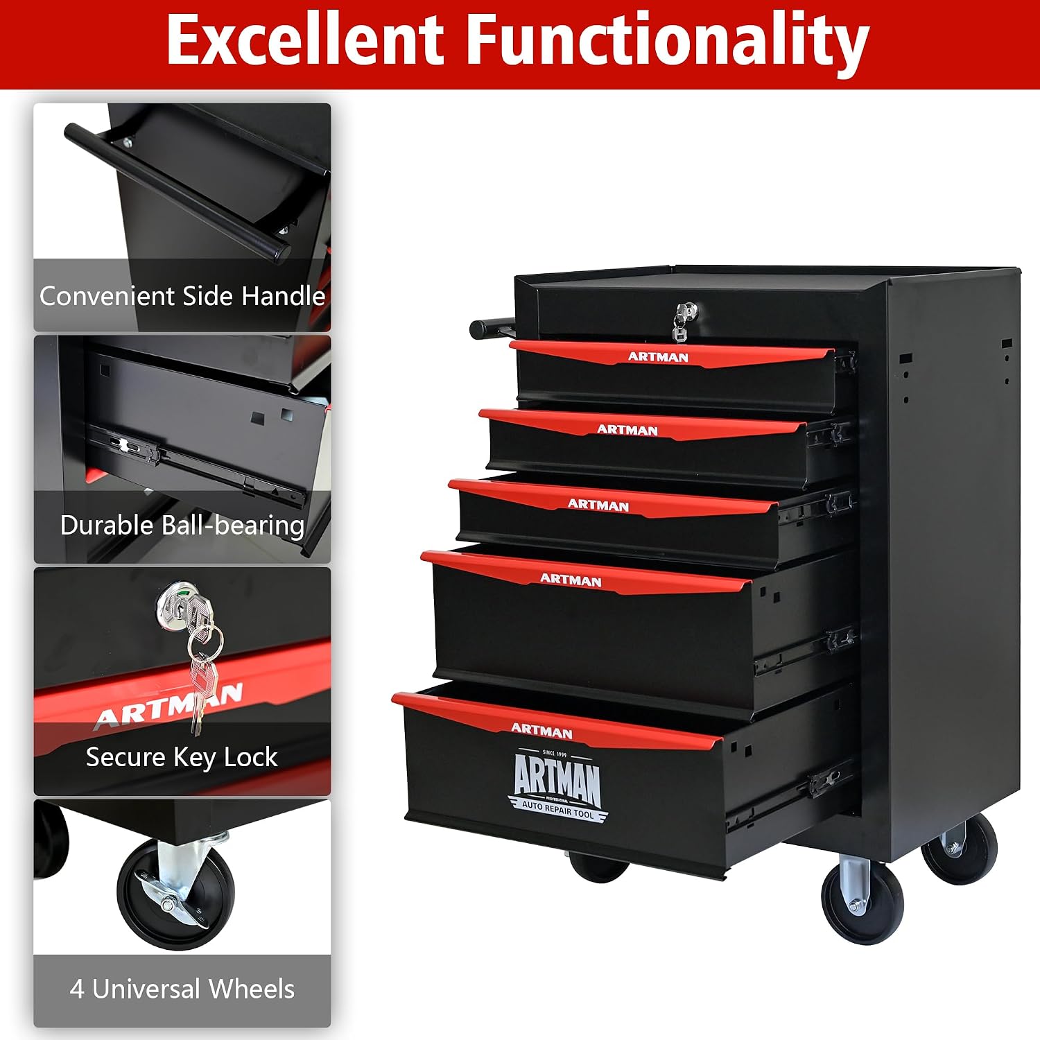 5 Drawers Tool Cart on Wheels, Multifunctional Rolling Tool Storage Chest, Drawers Rolling Trolley Organizer Tool Box for Warehouse, Garage, Workshop, Repair Shop (5 Drawers-30.5' H)