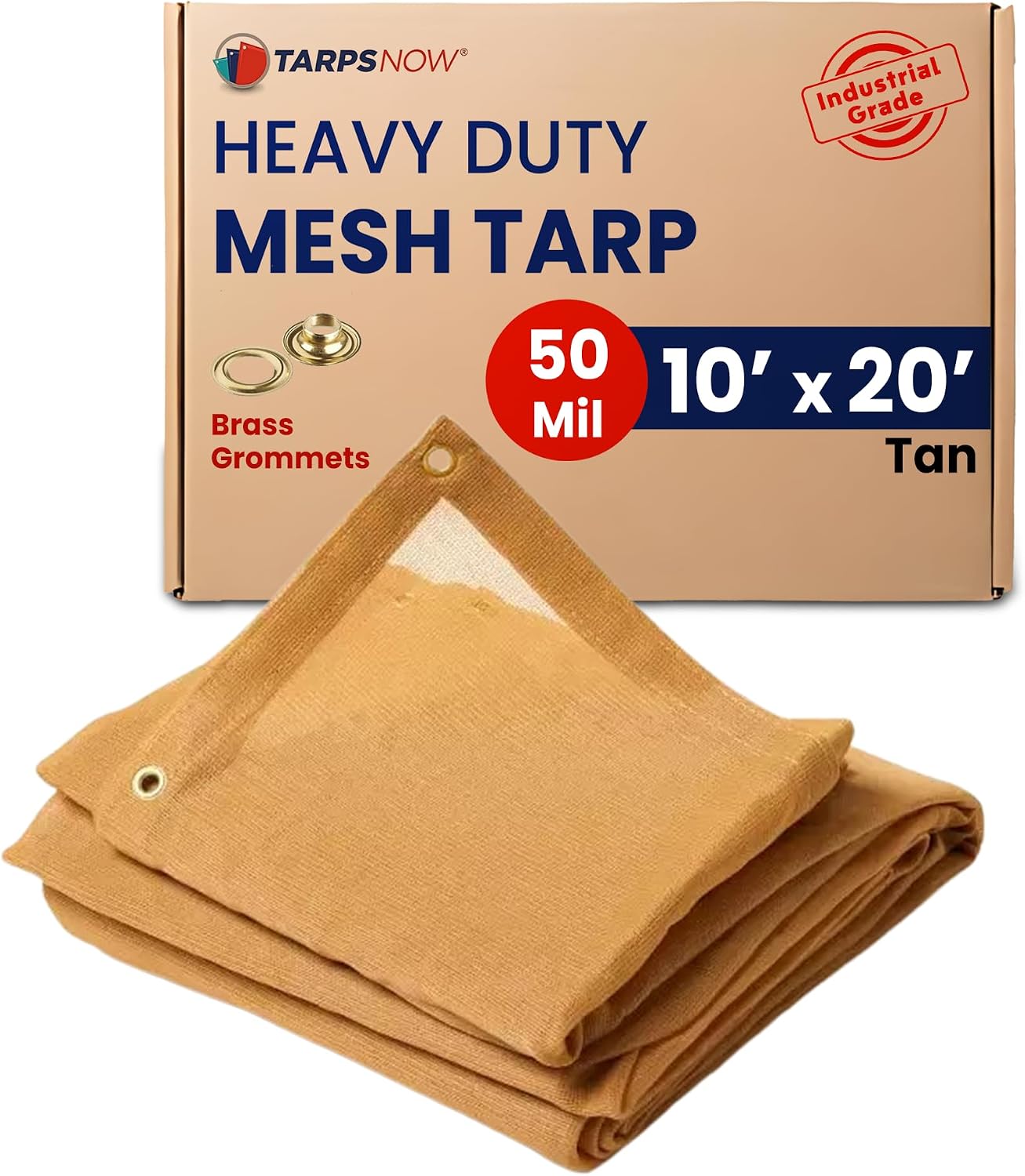 Tarps Now 10' x 20' Tan Mesh Tarp Heavy Duty - 6.8 oz Knitted HDPE - 75% Shade Cloth for Garden, Backyard, Patios - Brass Grommets - UV Resistant Breathable Privacy Screen, Sun Shades Outdoor Patio