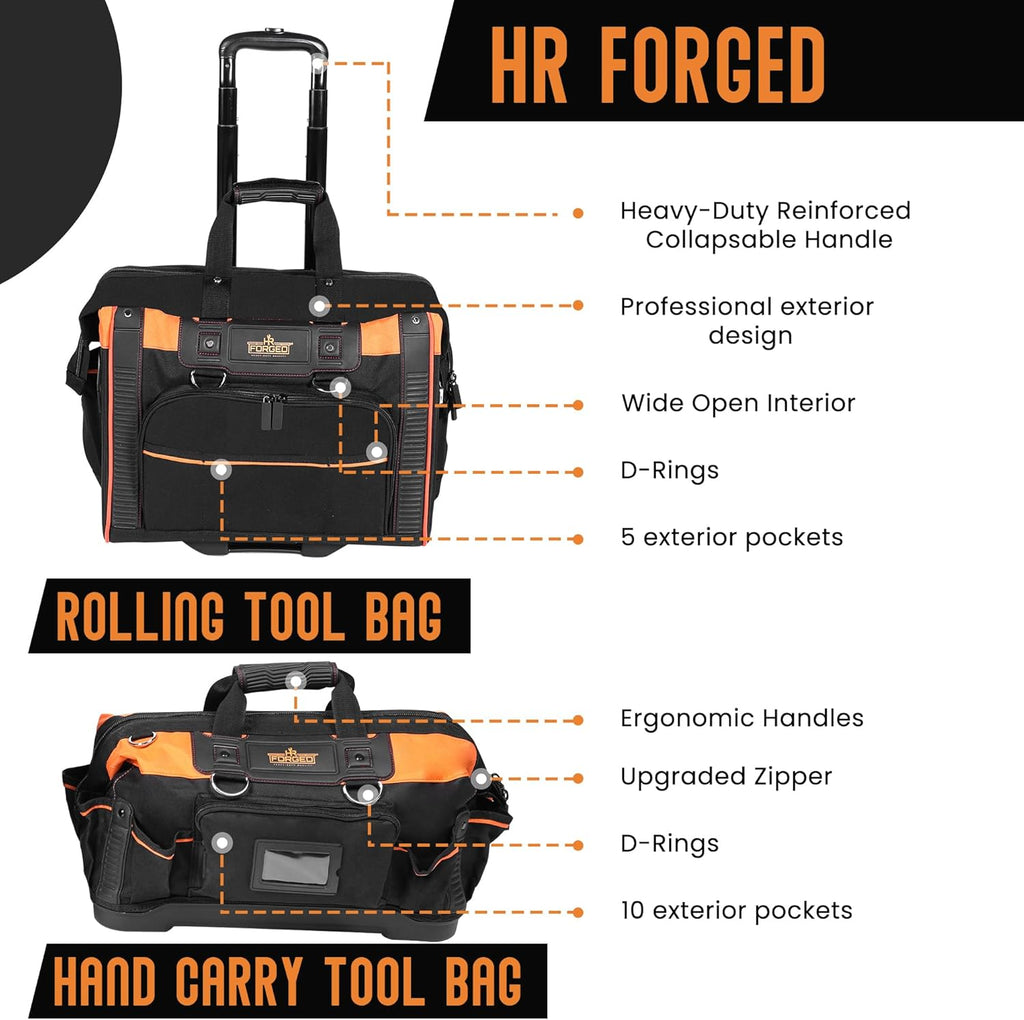 18' Rolling & Duffle Tool Bag - 2 Pack - Portable Tool Bag with Wheels - Water Resistant Fabric - 29 & 15 Pocket Roll Bag for Mechanics, Electricians, Plumbers & Hvac Bag