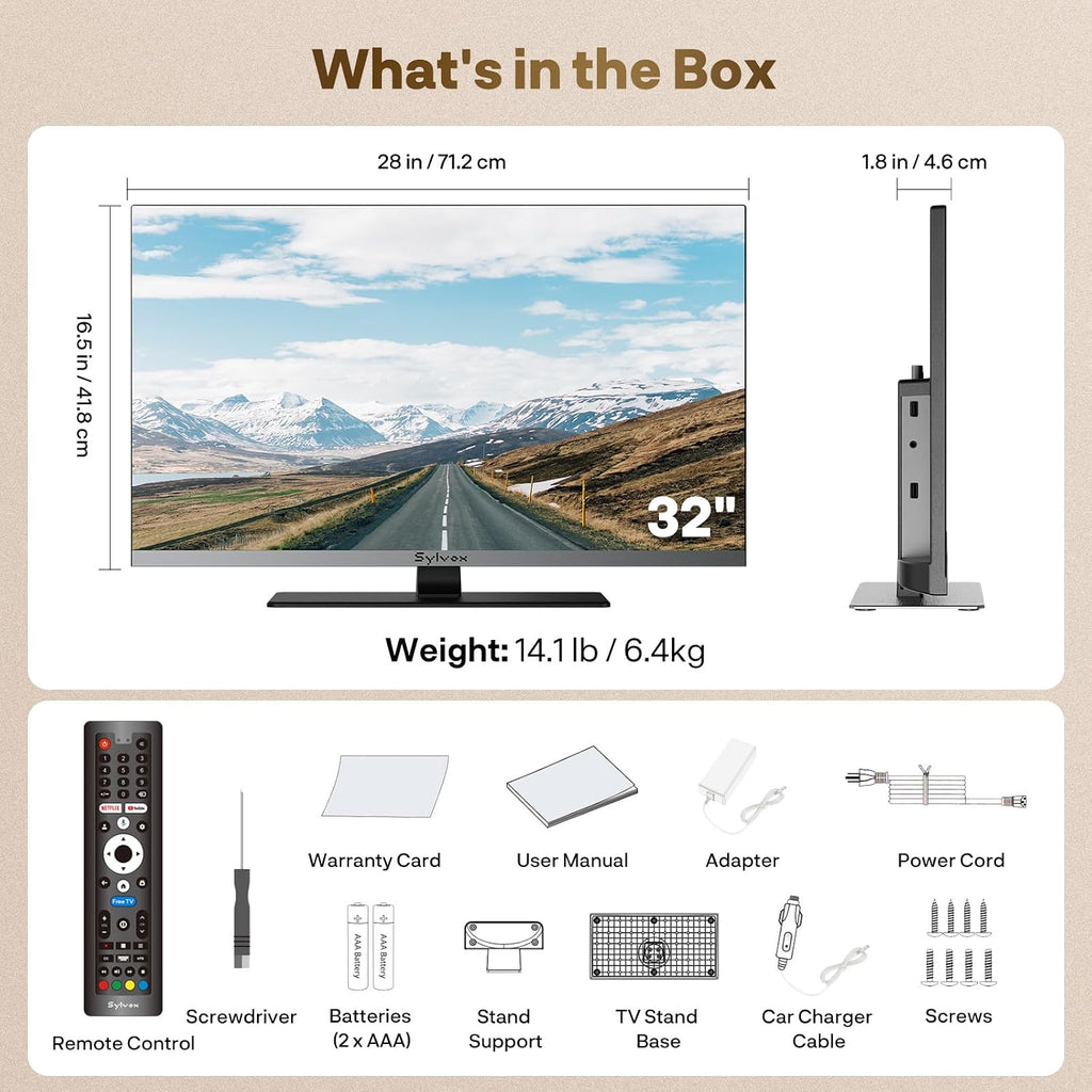 SYLVOX RV TV, 12V QLED TV with DVD Player Built-in, 32 Inch Smart Television for Camper, 12 Volt DC Power Low Energy Consumption, HD 1080P, Bezel Less Design