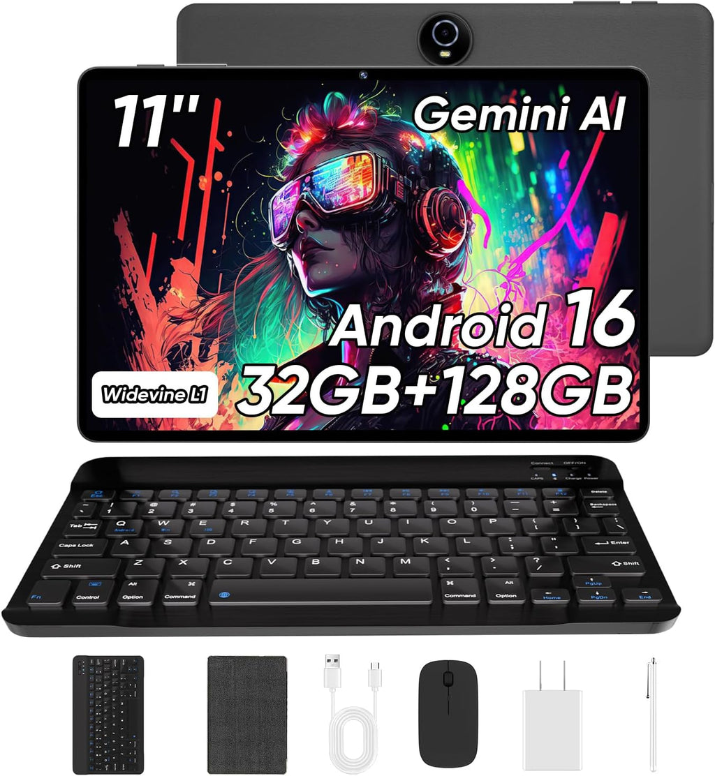 WXUNJA 11 Inch Android 16 Tablet with Keyboard, 32GB RAM+128GB Storage, 1TB Expand, 8000mAh Battery, 5MP+8MP Camera, Dual Band WiFi 6, IPS Touch Screen, Mouse/Stylus/Case/Charger Inside, Light Black