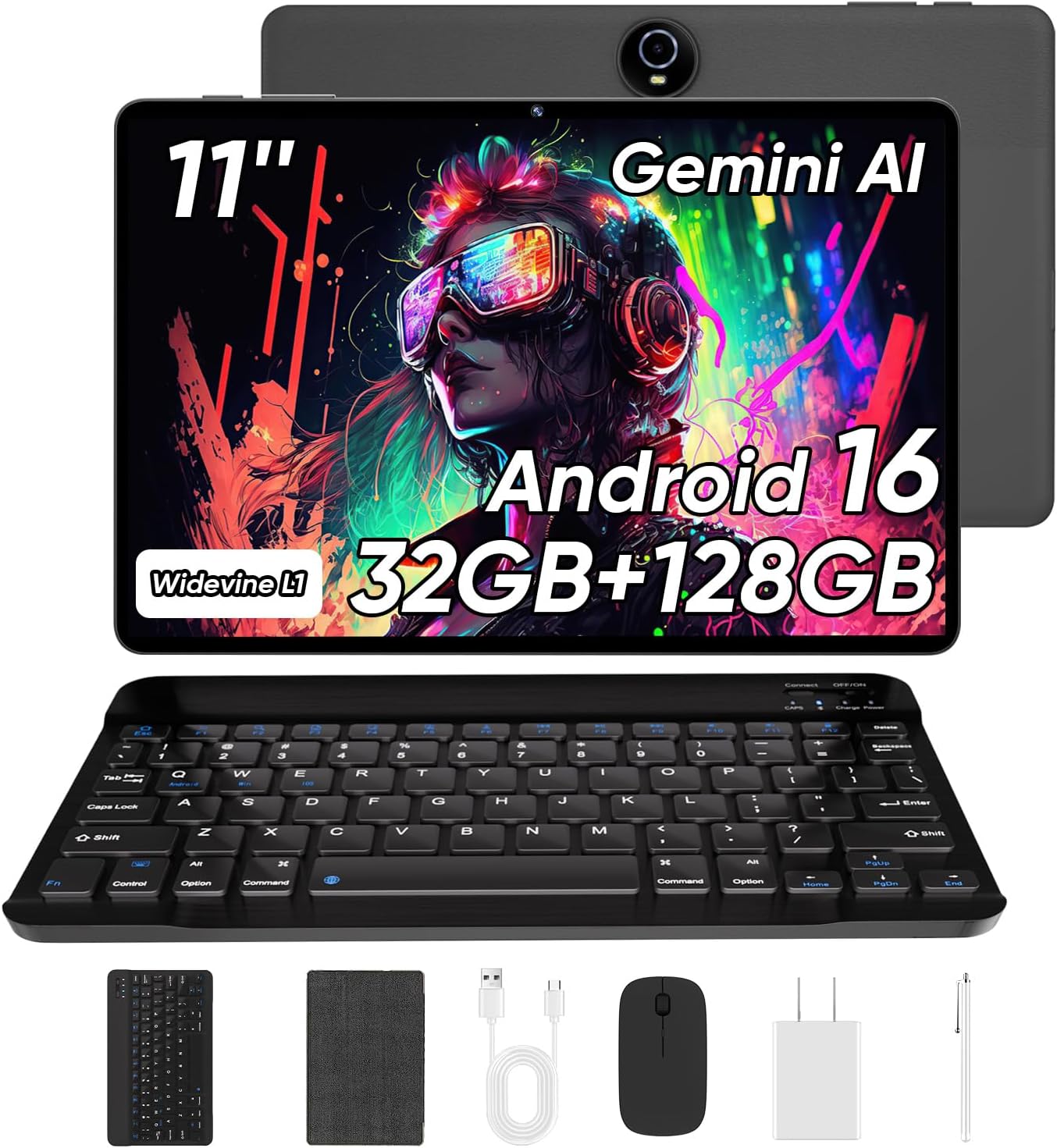 WXUNJA 11 Inch Android 16 Tablet with Keyboard, 32GB RAM+128GB Storage, 1TB Expand, 8000mAh Battery, 5MP+8MP Camera, Dual Band WiFi 6, IPS Touch Screen, Mouse/Stylus/Case/Charger Inside, Light Black