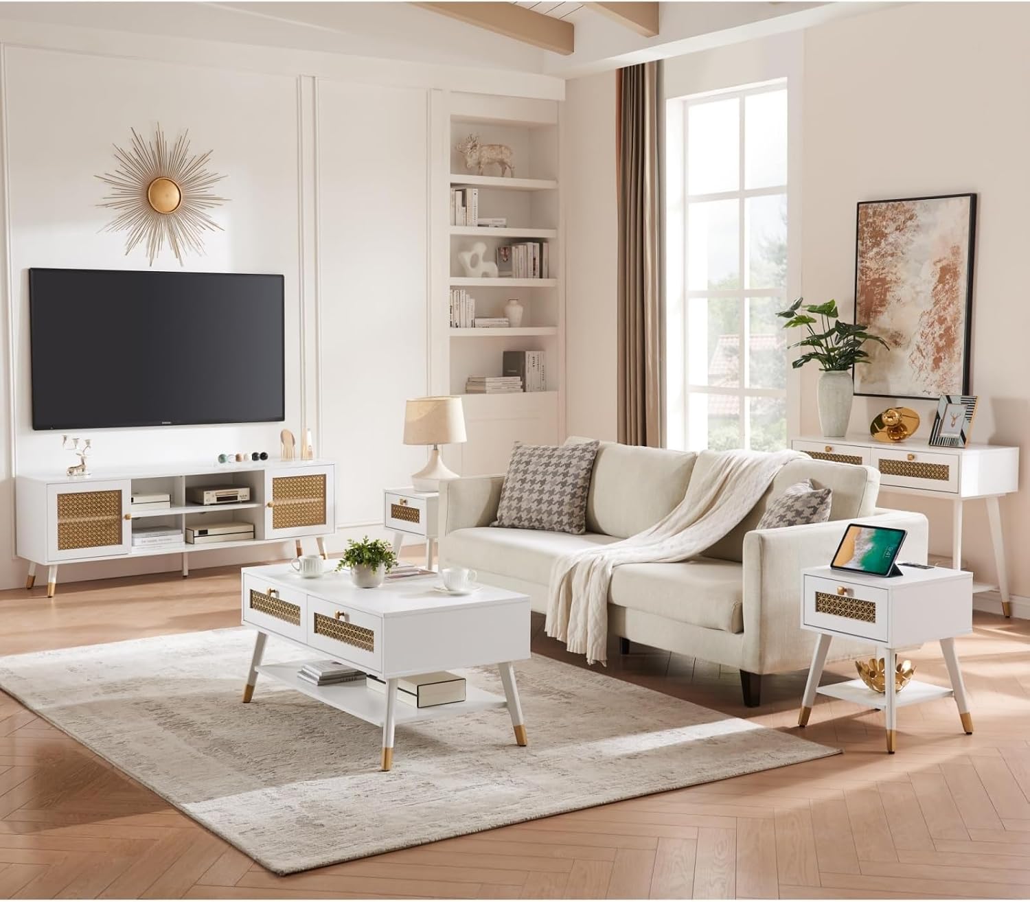 JYED DECOR White TV Stand for Living Room,66' Modern Entertainment Center with Storage Cabinets, Fluted Boho TV & Media Console (White and Gold,)