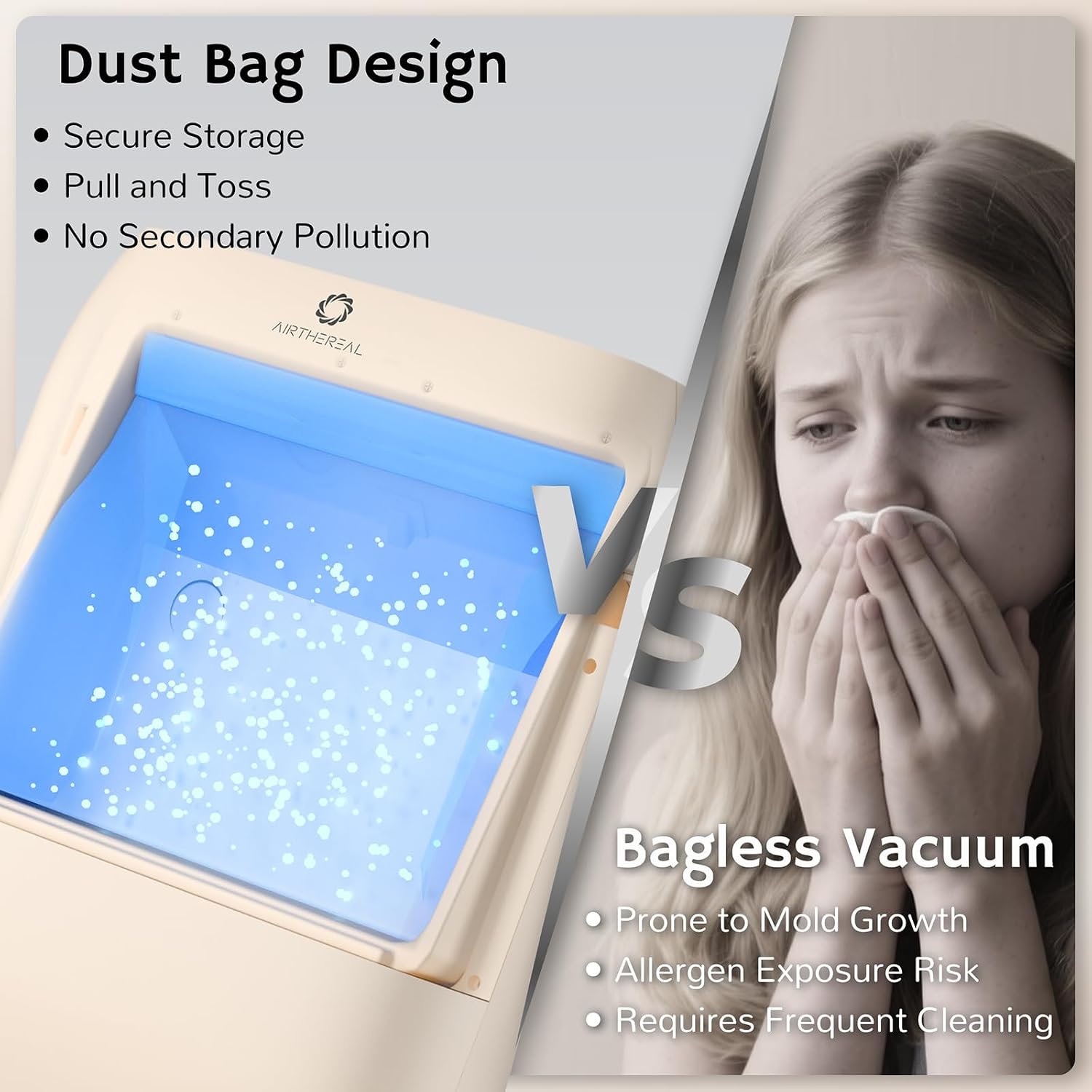 AIRTHEREAL T1 Plus Touchless Vacuum with 6-Pack Disposable 4.7L Dust Bags, Pull-and-Toss Design, Ideal Electric Dustpan for Home, Household Owner