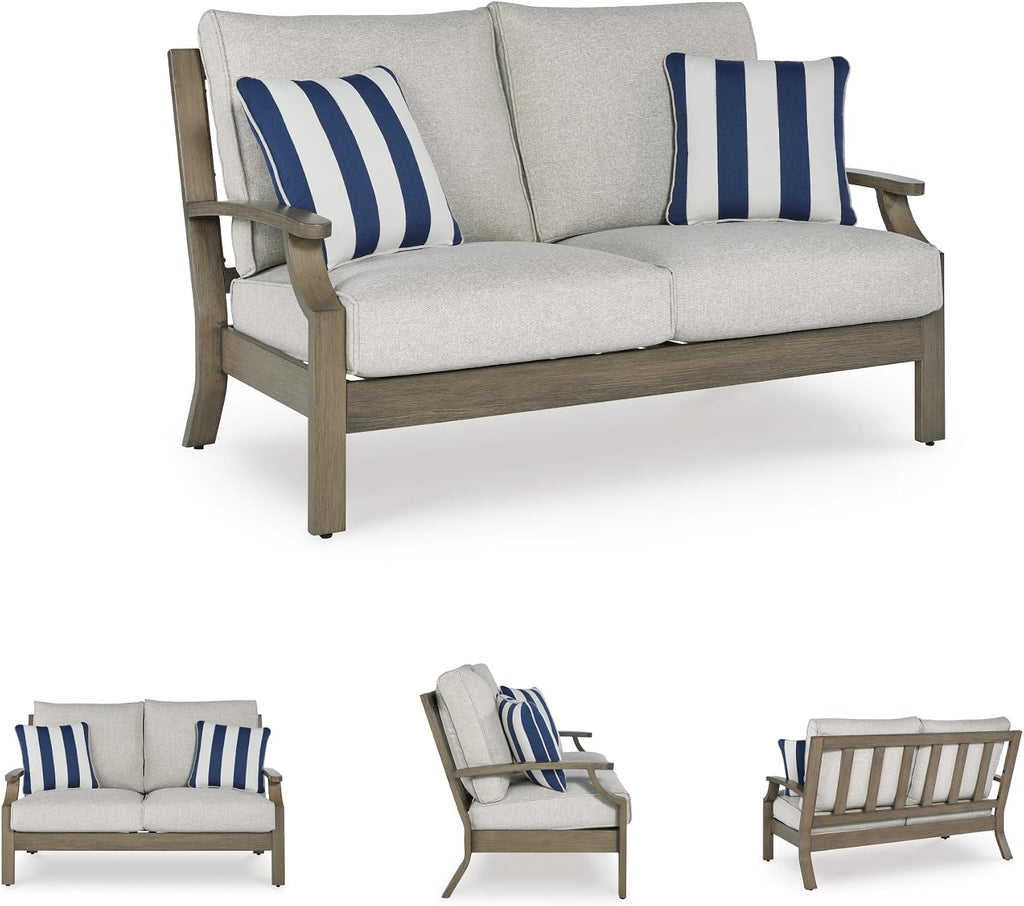 Signature Design by Ashley Rainier Ranch Casual Nuvella Weather Resistant Fabric Outdoor Loveseat with Cushion and 2 Accent Pillows, Light Brown & Light Gray