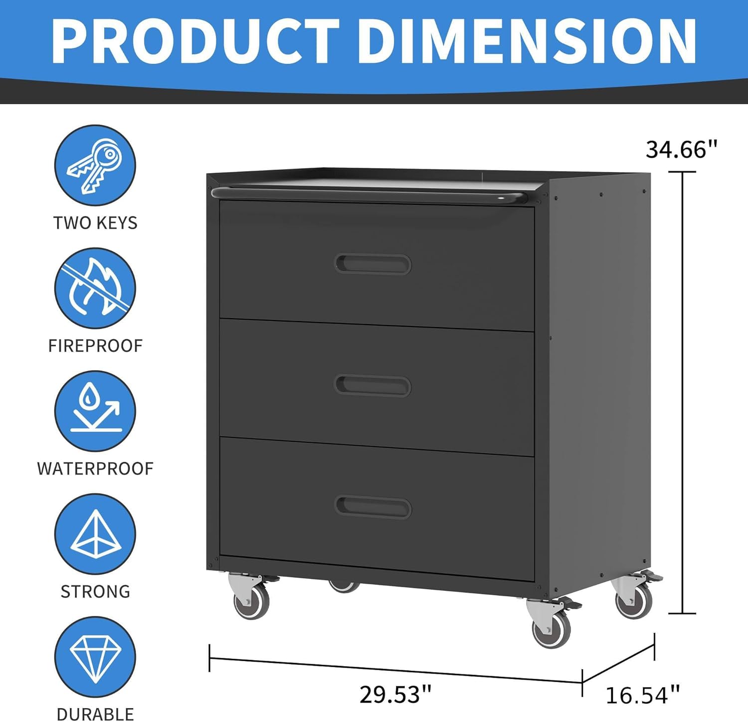 Metal Storage Cabinet with Wheels, Garage Storage Cabinet with 3 Drawers, Rolling Tool Cabinet, Assembly Required, Black