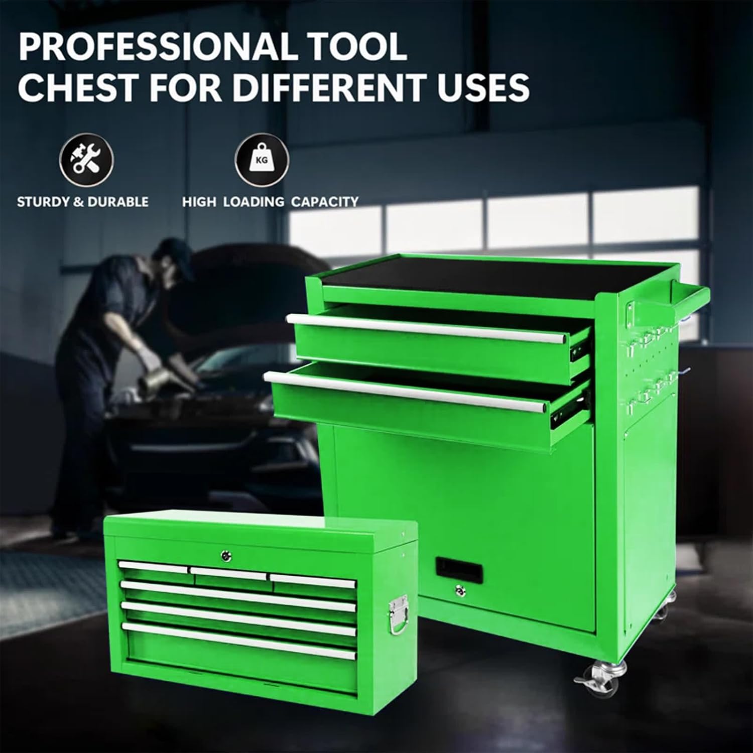 8-Drawer Rolling Tool Chest – 2-in-1 Lockable Tool Box with Wheels, Sliding Drawers & Detachable Top – Garage & Workshop Storage Cabinet, Green