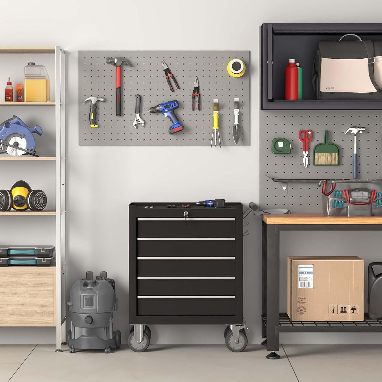 5-Drawer Tool Chest, Rolling Tool Box with Wheels, High Capacity Detachable Mobile Tool Storage Cabinet for Workshop, Garage, Mechanics and Repair Room (Black, 5-Drawer)