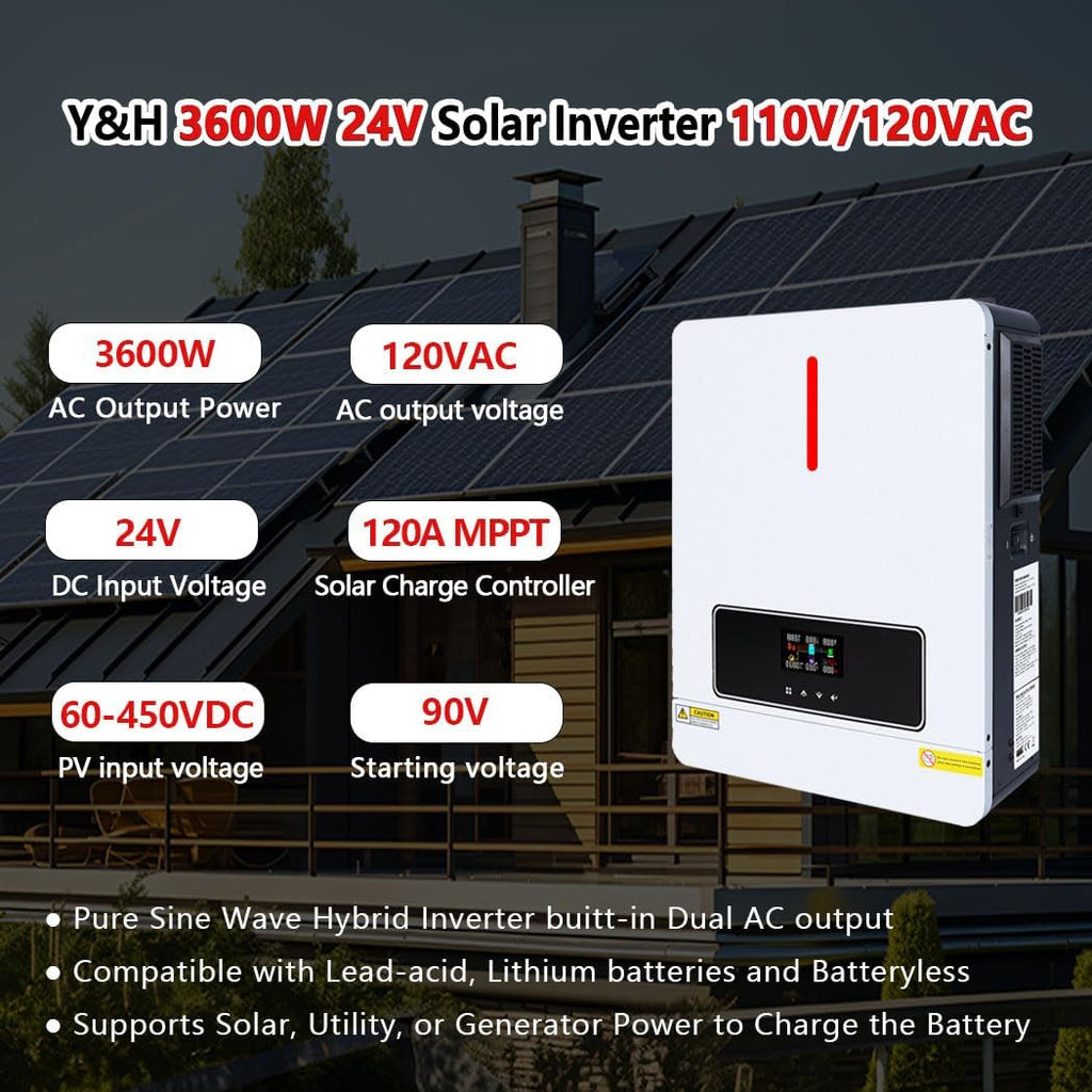 Y&H 3600W Hybrid Solar Inverter DC 24V to AC 110/120V Pure Sine Wave, w/ 120A MPPT Controller, Dual AC Output, Max 4200W PV Input, Lead-Acid/Lithium/Battery-Free Use, for Home Backup, RV, Off-Grid