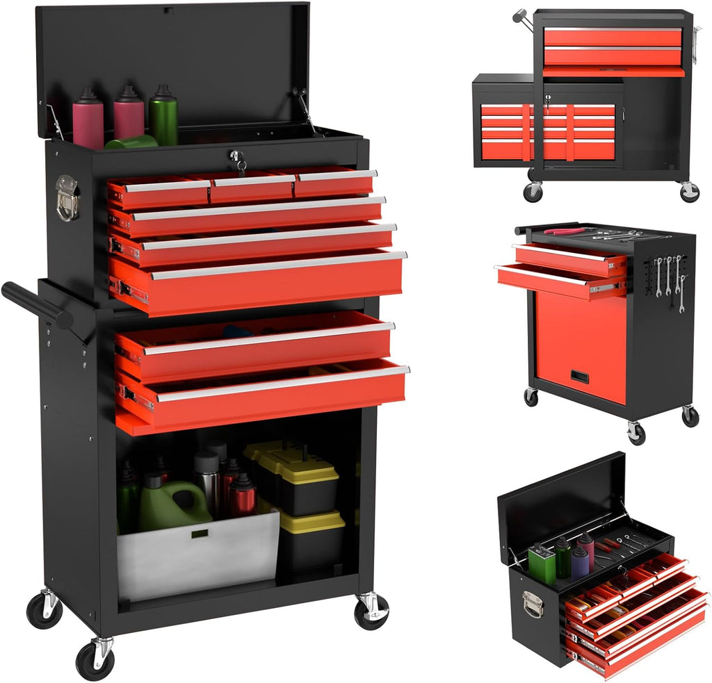 8-Drawer Rolling Tool Box, Lockable Rolling Tool Chest with Wheels and Drawers, 2 in 1 Large Capacity Storage Tool Cabinet for Warehouse, Garage, Tool Room and Repair Shop (Black&Red)