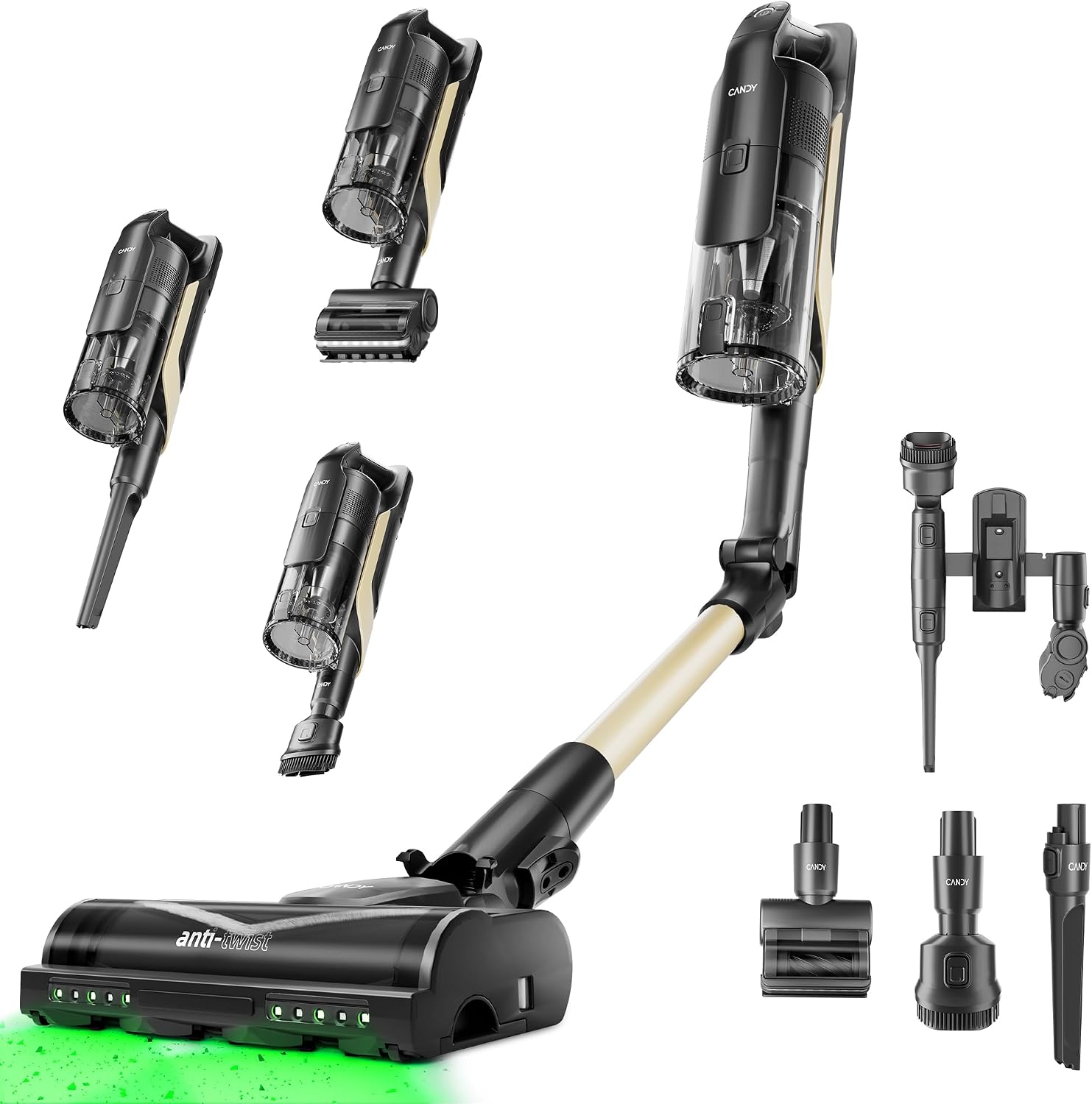 CANDY Cordless Stick Vacuum Cleaner, 650W/320AW Powerful Suction, Up to 100min, Flexi-Fold Tube, SmartSense Tech, LED Headlights, Pet Hair Pickup, Pet & Crevice Tools, for Hard Floor & Carpet, CVS60
