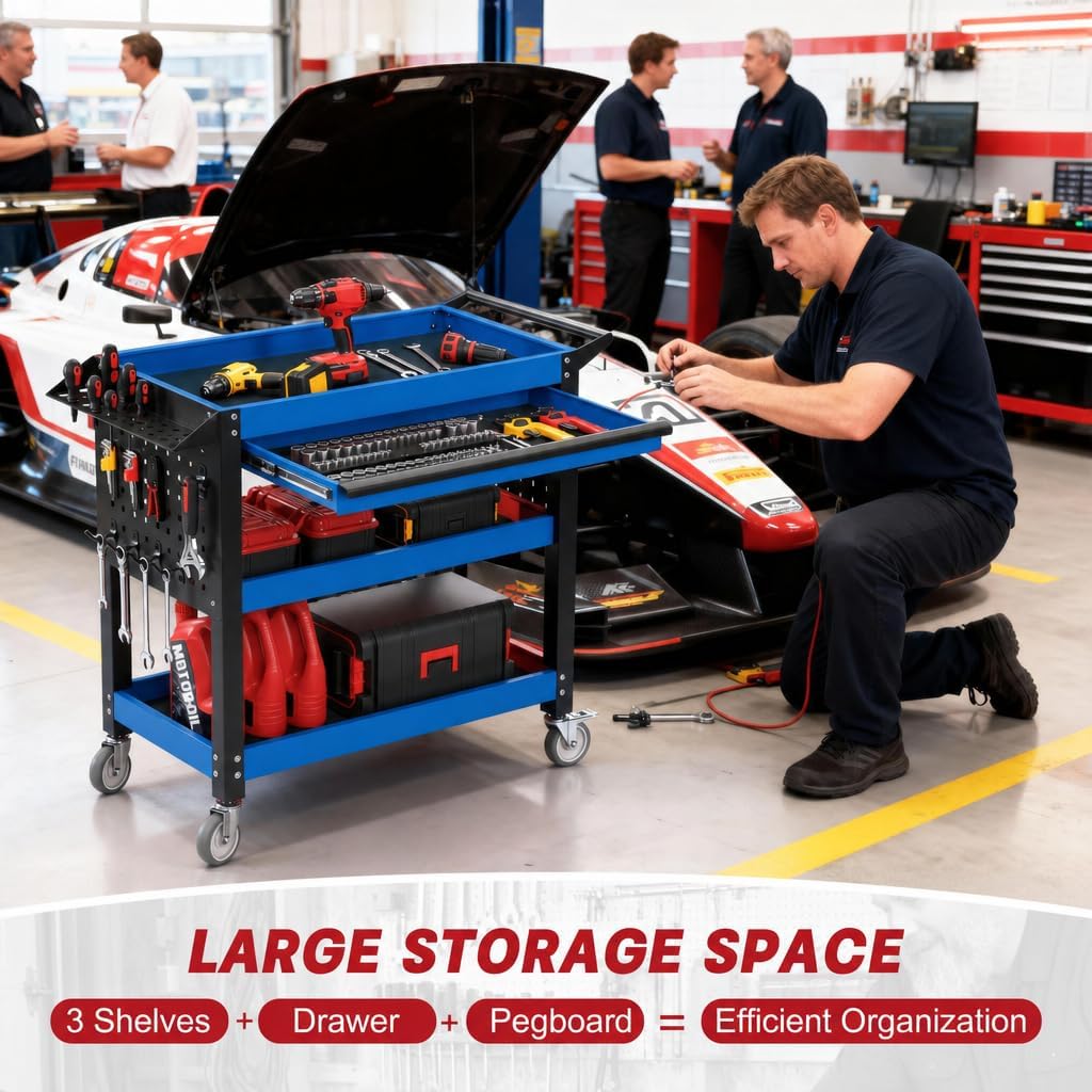 3 Tier Tool Cart on Wheels, Heavy Duty Metal Rolling with Drawers and Pegboards, 660 LBS Load Capacity Tool Storage Cart, Industrial Utility for Garage, Warehouse, Workshop, Blue Black