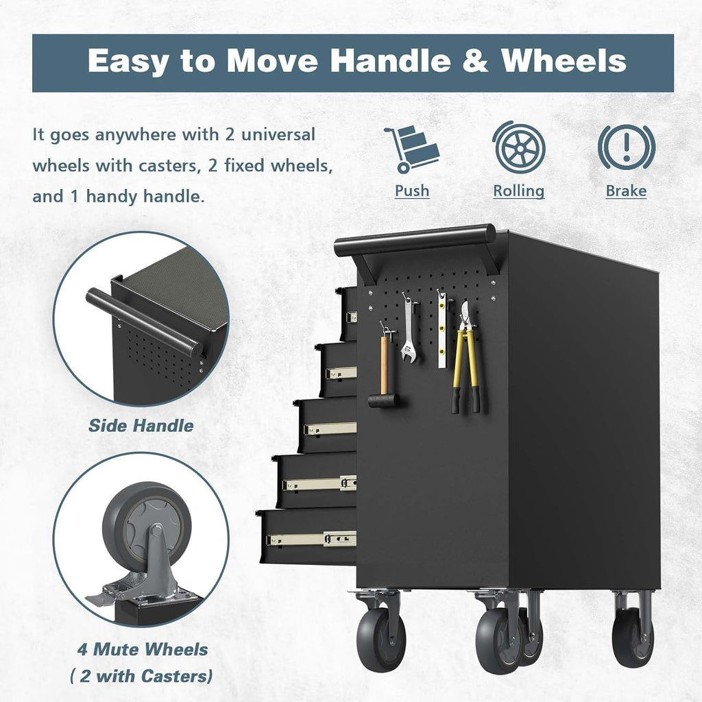 5-Drawer Tool Chest, Rolling Tool Box with Wheels, High Capacity Detachable Mobile Tool Storage Cabinet for Workshop, Garage, Mechanics and Repair Room (Black, 5-Drawer)