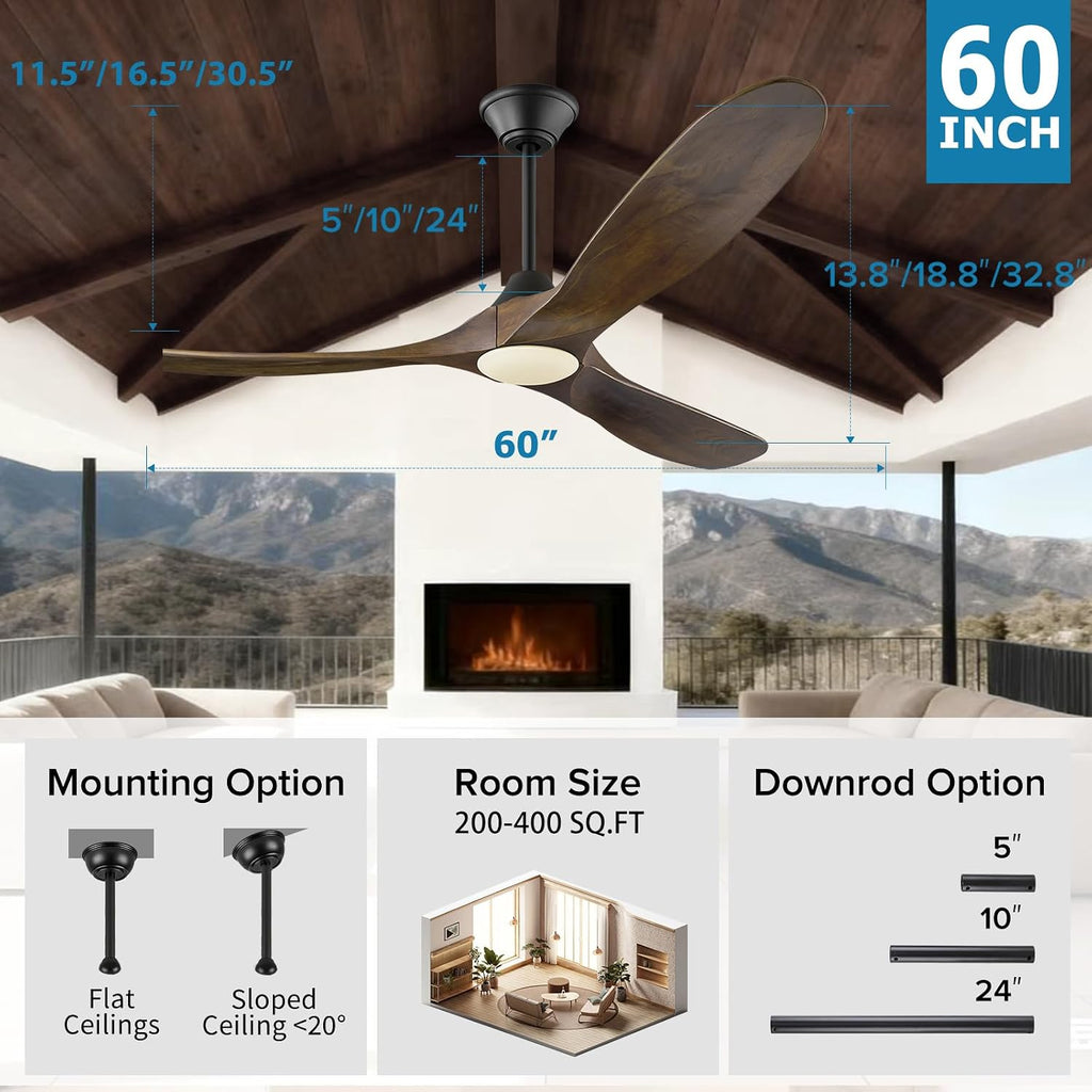 60 Inch Outdoor Ceiling Fan with Light, Damp Rated for Patio, Smart Alexa/App/Remote Control, 3 Walnut Wood Propeller Blades, High 8268 CFM Quiet DC Motor, Modern Farmhouse for Indoor Exterior Porch