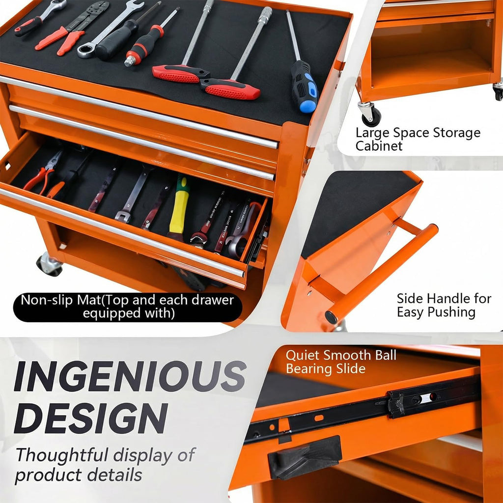 4 Drawers Tool Cart on Wheels, Rolling Tool Box Tool Storage, Drawers Rolling Tool Box Organizer Tool Case for Garage, Warehouse, Workshop, Repair Shop (4 Drawers-Orange)