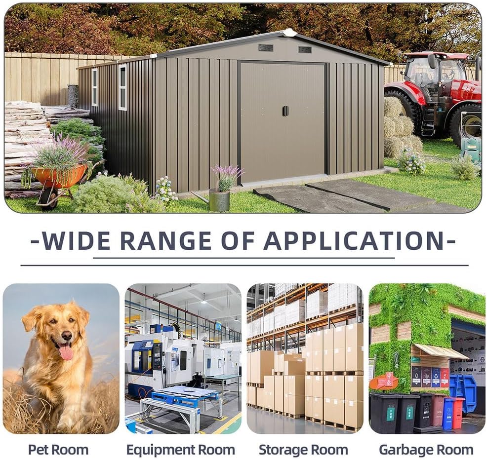 10x12 FT Outdoor Storage Shed, Extra Large Metal Garden Shed with Lockable Doors, Windows & Air Vents, Heavy-Duty Steel Backyard Utility Shed for Tools, Lawn Equipment, Motorcycles, Bikes, Patio,Brown