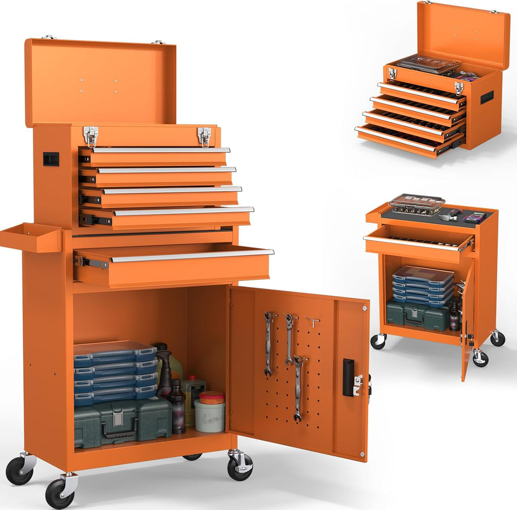 5-Drawers Tool Chest, 2-in-1 Rolling Tool Box with Wheels and Drawers, Detachable Storage Toolbox with Lock, Heavy-Duty Metal Tool Cart for Garage, Workshop (Orange)