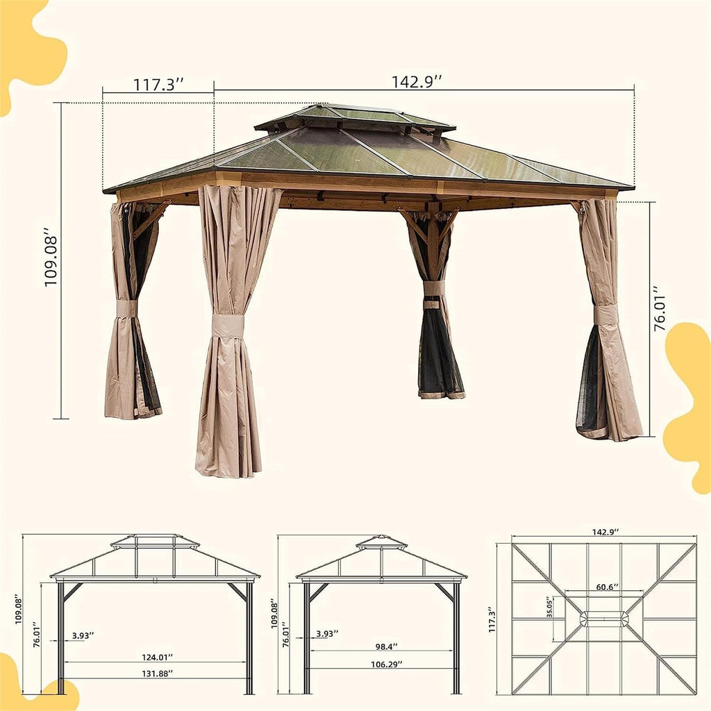 10x12Ft Hardtop Gazebo Wood-Looking Aluminum Frame Patio Gazebos with Polycarbonate Double Roof Permanent Gazebo Pavilion with Curtain and Netting for Garden Patio Lawns Deck Backyard