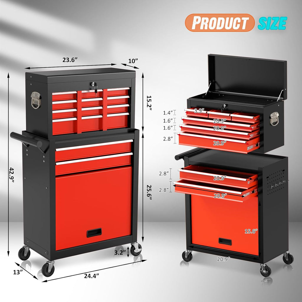 8-Drawer Rolling Tool Chest with Wheels, 2-in-1 Detachable Tool Box with Drawers and Large Cabinet, Rolling Tool Chest Storage Cabinet with Lockable for Warehouse, Garage, Workshop (BlackRed)