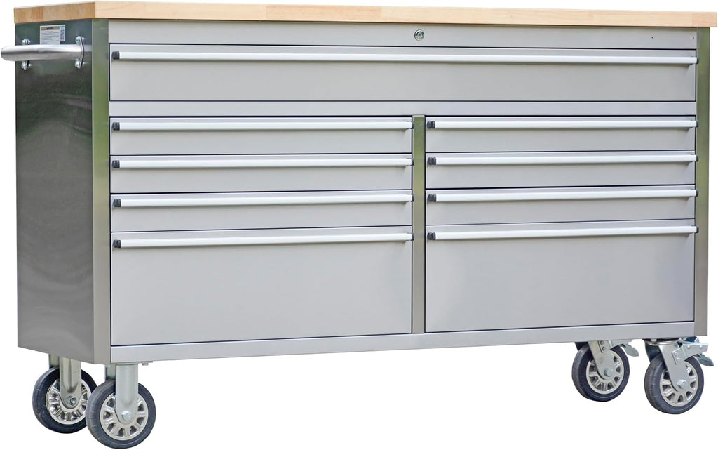 IDEALHOUSE 61 inch Rolling Tool Chest, Garage Workbench with 9 Drawers, Solid Rubber Wood Top & with Wheels Lock Key Locking, Mobile Workstation Tool Cabinet for Workshop Storage