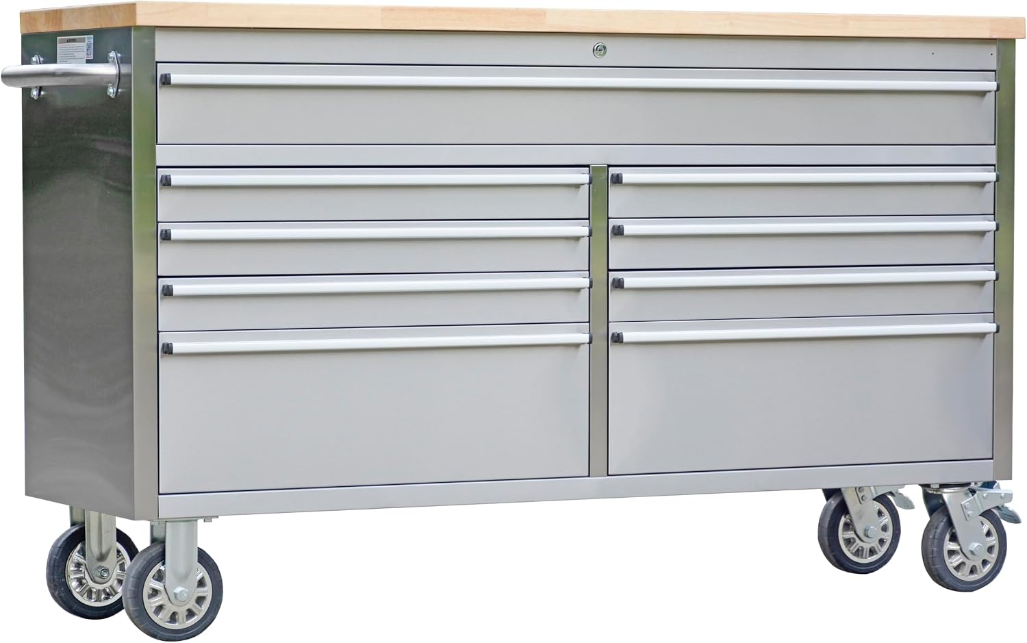 IDEALHOUSE 61 inch Rolling Tool Chest, Garage Workbench with 9 Drawers, Solid Rubber Wood Top & with Wheels Lock Key Locking, Mobile Workstation Tool Cabinet for Workshop Storage