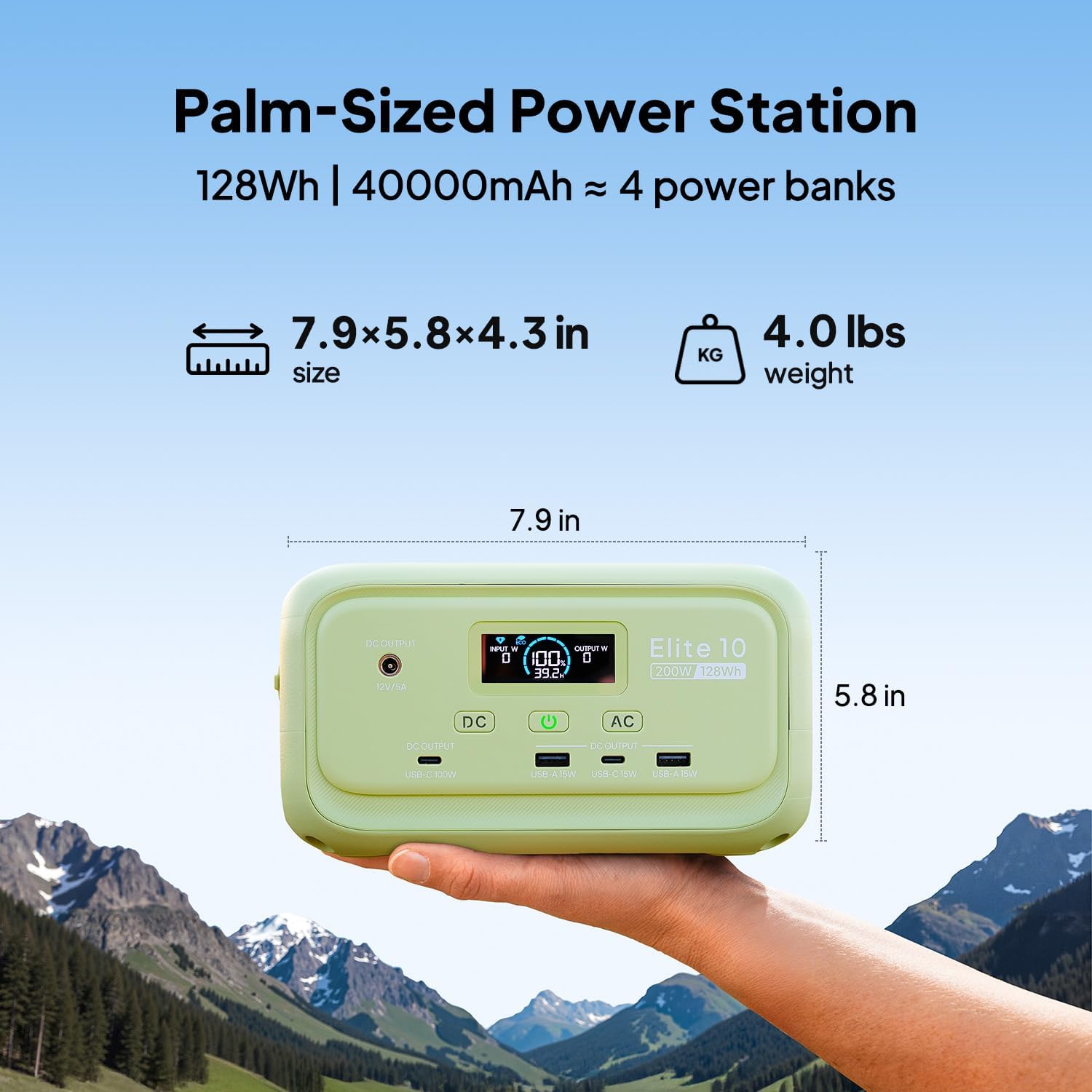 BLUETTI Solar Generator Elite 10 with 60W Solar Panel Included (Ship Separately), 128Wh Mini Power Station with 200W AC Port, Palm-Size Portable Power for Camping, Outages, UPS Backup (Meadow Green)