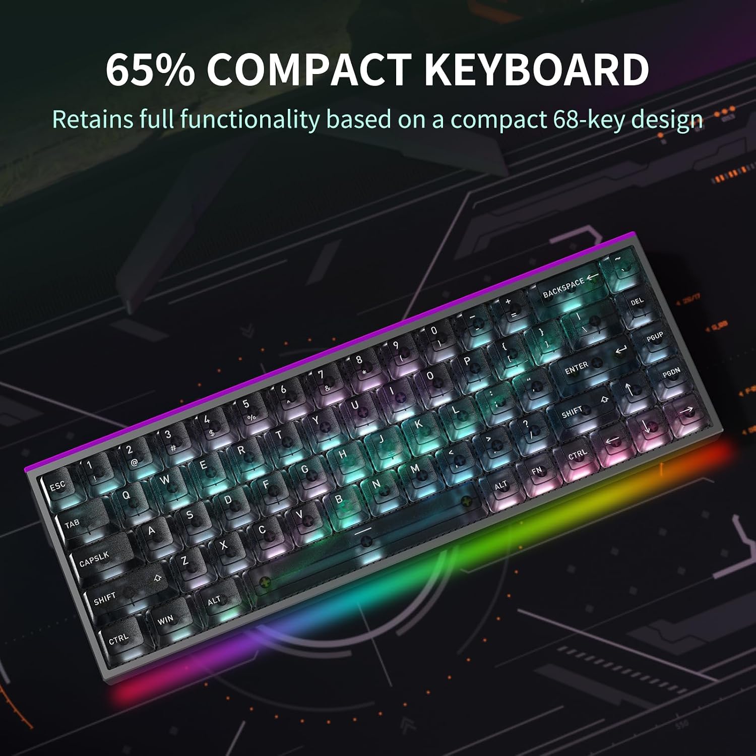 Hexgears MAG68-65% Mechanical Gaming Keyboard Wired, Magnetic Switch Hot-Swappable, Adjustable Rapid Trigger Mode, 8000Hz Polling Rate, All-Aluminum Case, 16.8M RGB Backlit&Strip - Aurora