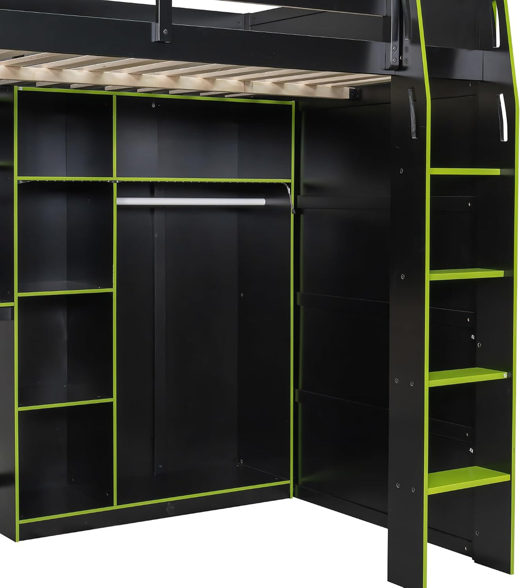SOFTSEA Full Size Gaming Loft Bed with Desk, Bookshelves, Open Wardrobe & LED Lights for Bedroom, No Box Spring Needed, Green
