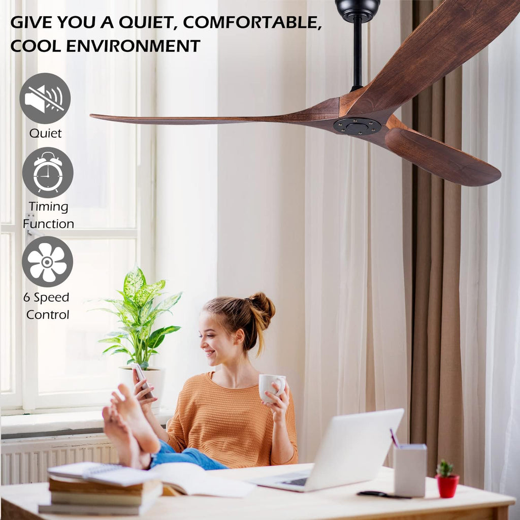 60 Inch Ceiling Fan Without Light ，Wood Indoor Outdoor Ceiling Fans No Light for Patios Living Room Bedroom Porch Big Ceiling Fan for Flat Sloped Ceiling(Walnut)