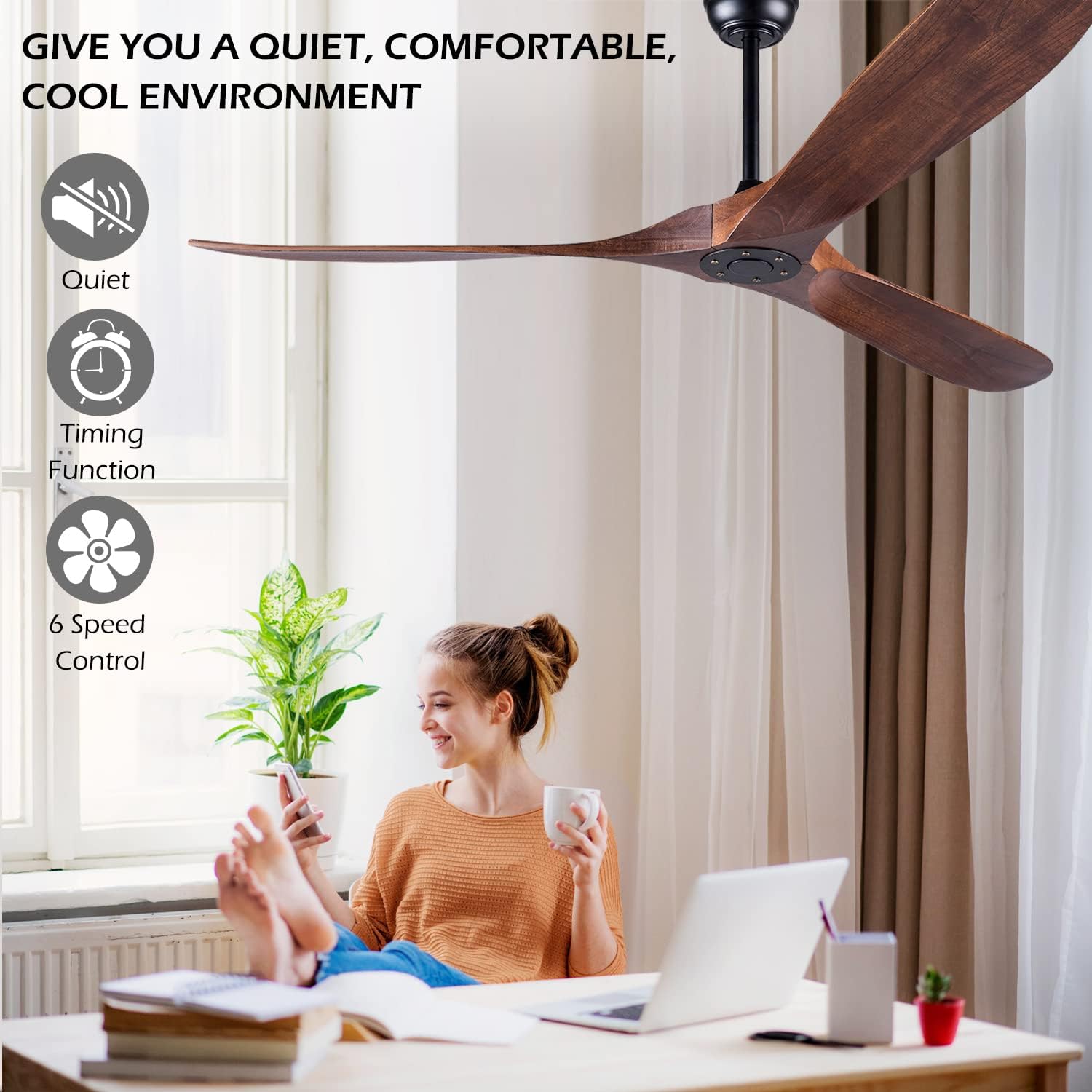 60 Inch Ceiling Fan Without Light ，Wood Indoor Outdoor Ceiling Fans No Light for Patios Living Room Bedroom Porch Big Ceiling Fan for Flat Sloped Ceiling(Walnut)