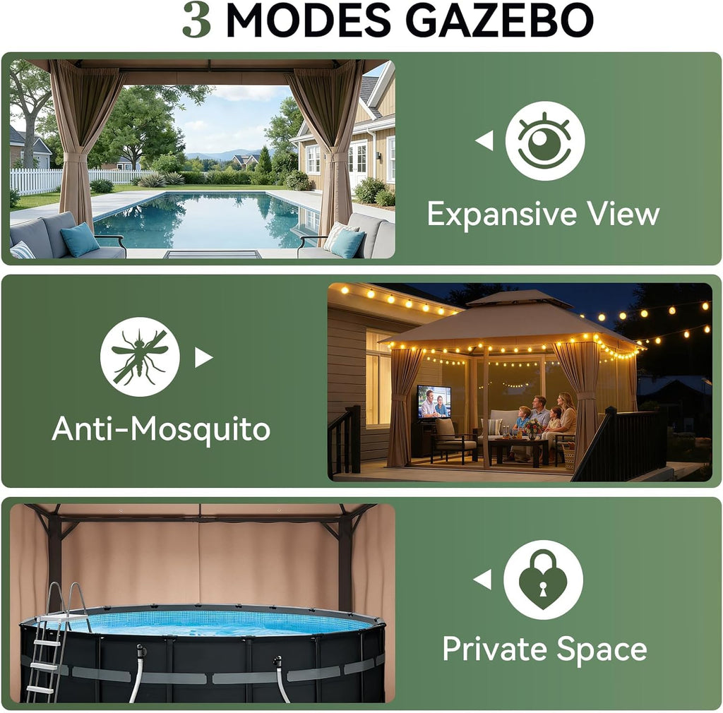 Aoxun 10x10 Outdoor Gazebo with 50FT LED Hanging Lights Metal Frame Canopy with Double Roofs Heavy Duty Party Tent Shelter with Mosquito Netting and Privacy Screen for Backyard, Lawn, Garden(Khaki)