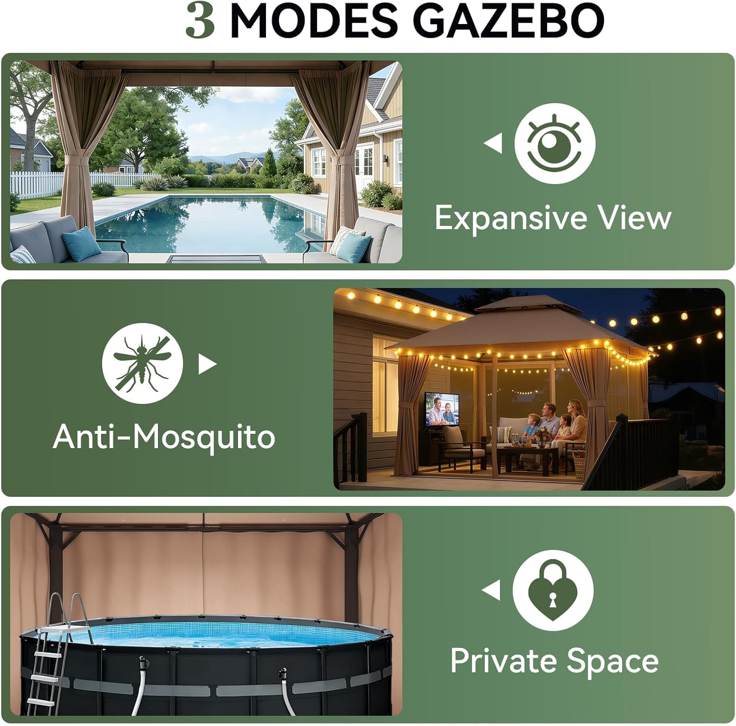 Aoxun 10x10 Outdoor Gazebo with 50FT LED Hanging Lights Metal Frame Canopy with Double Roofs Heavy Duty Party Tent Shelter with Mosquito Netting and Privacy Screen for Backyard, Lawn, Garden(Khaki)