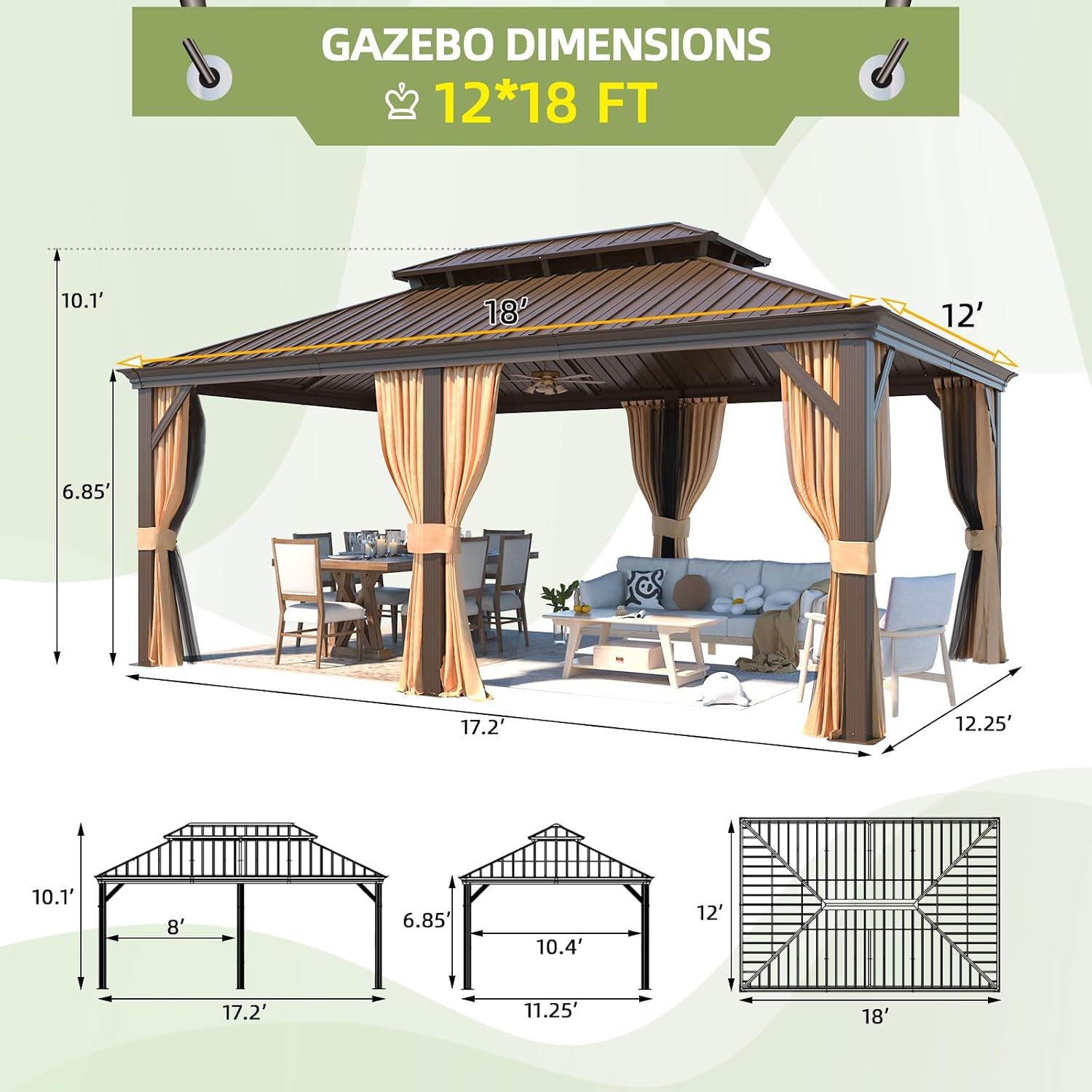 YOLENY 12'x18' Hardtop Gazebo,Galvanized Steel Metal Double Roof Gazebos with Curtain and Netting, Brown Permanent Pavilion Canopy with Aluminum Frame for Patios,Gardens,Lawns