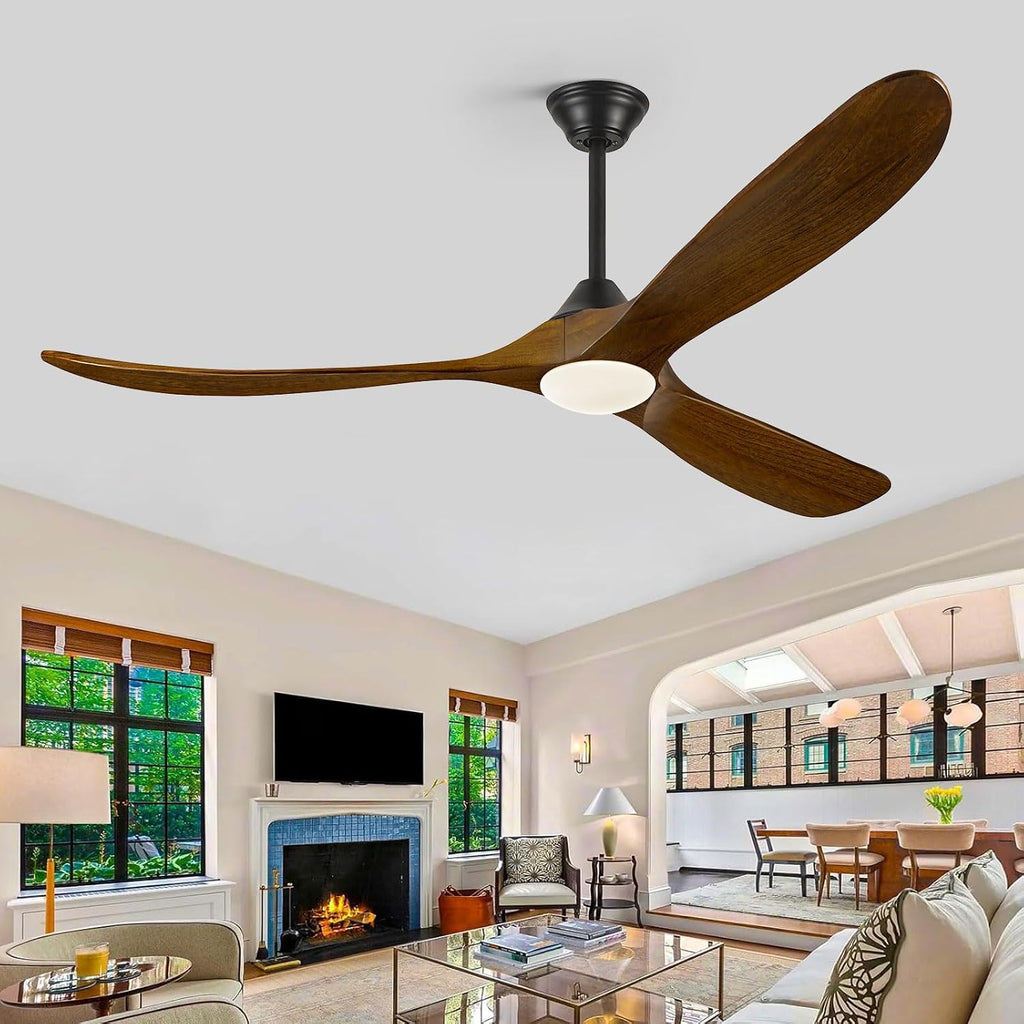 60 Inch Ceiling Fan with Light and Remote, Indoor Outdoor for Patio Gazebo Living Room - Rustic Farmhouse Style, Quiet 6-Speed Reversible DC Motor High CFM, 3 Wood Blades Dimmable with 3 Downrods