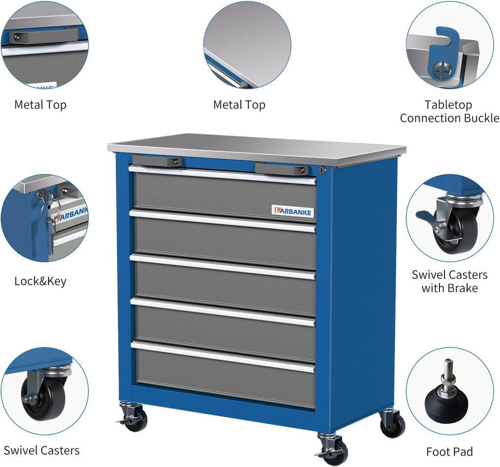 LARBANKE 5-Drawer Rolling Tool Chest,Tool Cabinet on Wheels with Keyed Locking System and Drawer Liners,Tool Chest with Link Buckle and can be Combined to Large Cabinet Set,for Warehouse,Garage