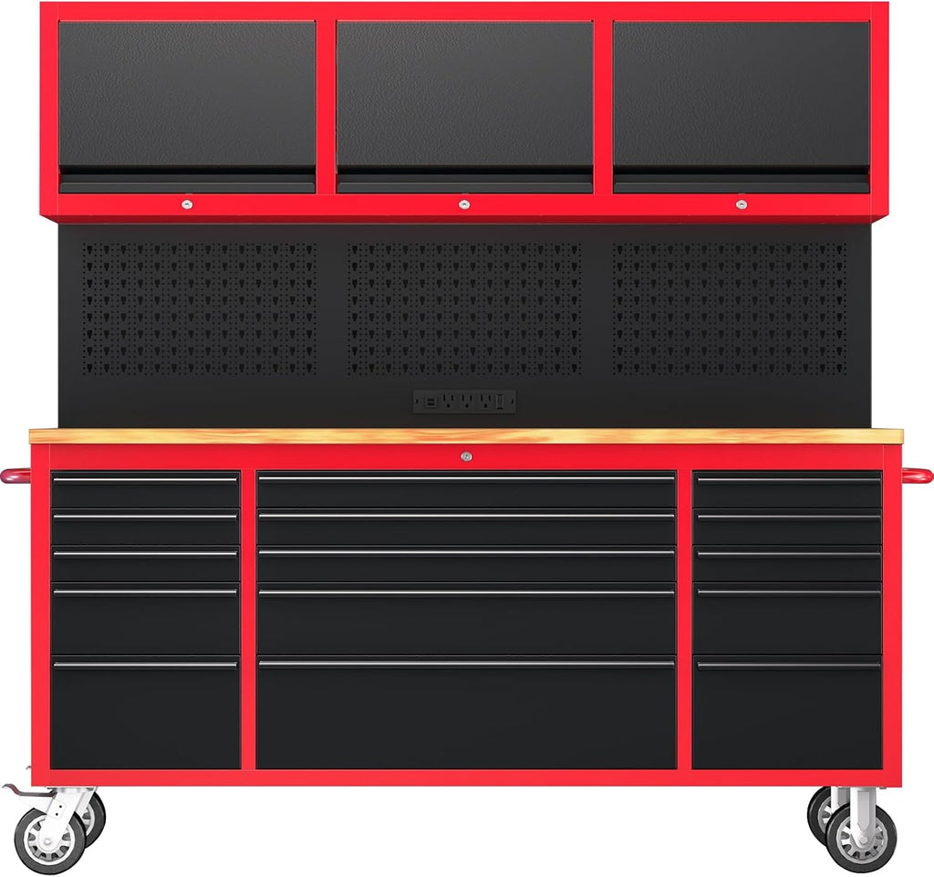 AIRAJ 72-inch Rolling Tool Chest,Garage Workbench with 15 Storage Drawers,Heavy-Duty Tool Cabinet on Wheels with Solid Rubber Wood Top,3 Upper Cabinet,Pegboard & Power Strip for Tool Organization