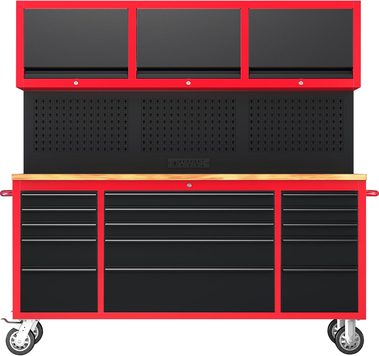 AIRAJ 72-inch Rolling Tool Chest,Garage Workbench with 15 Storage Drawers,Heavy-Duty Tool Cabinet on Wheels with Solid Rubber Wood Top,3 Upper Cabinet,Pegboard & Power Strip for Tool Organization