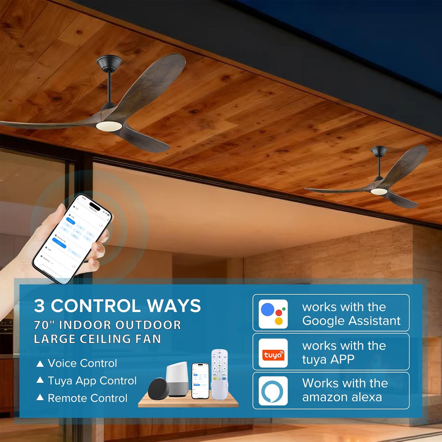 70 inch Smart Outdoor Large Ceiling Fan for Patio with Lights Wet Rated, High CFM Modern Farmhouse Walnut Ceiling Fan with Alexa/Remote/App Control, Waterproof Exterior Fan for Indoor Porch Gazebo