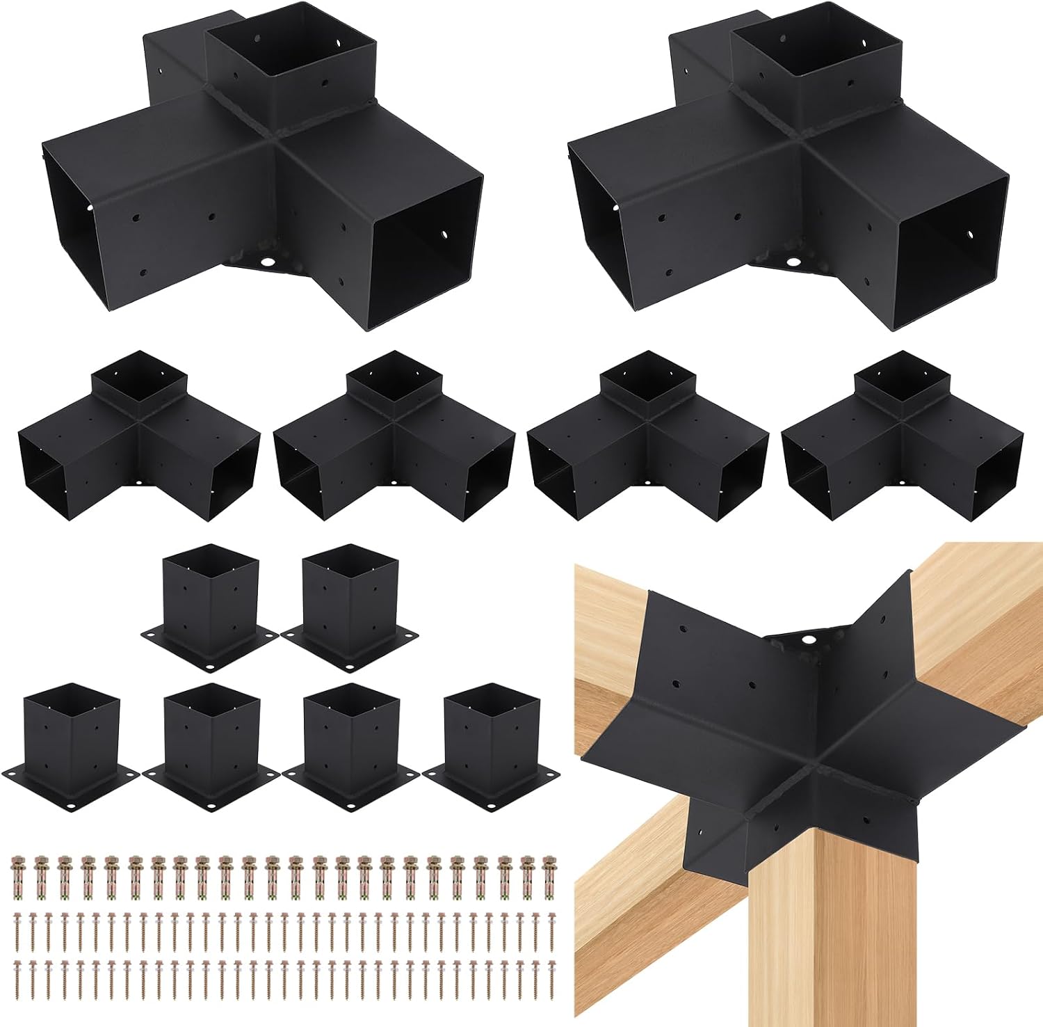 Pergola Bracket Kit 4''x4''(Inner 3.6x3.6), 12pcs (4pcs 3-Way Slanted, 2pcs 3-Way, 6pcs Base) Corner Bracket Woodworks DIY Kit for Gazebos, Patio Pergolas, Log Cabin Outdoor