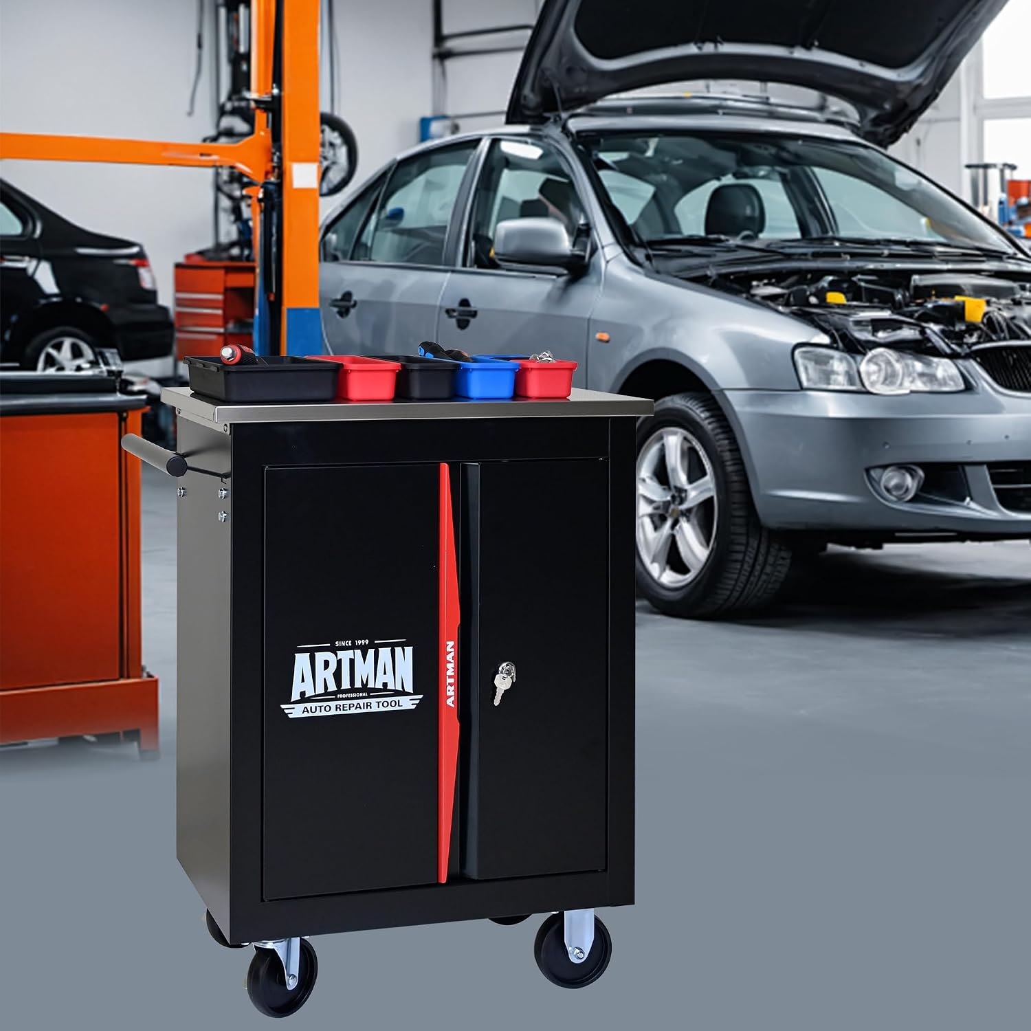 1 Cabinet Tool Cart on Wheels with Stainless Steel Worktop, Heavy Duty Mobile Rolling Drawer Tool Chest with Locking Wheels & Lockable Drawers, Garage Tool Storage Cabinet (Black, 1 Cabinet)