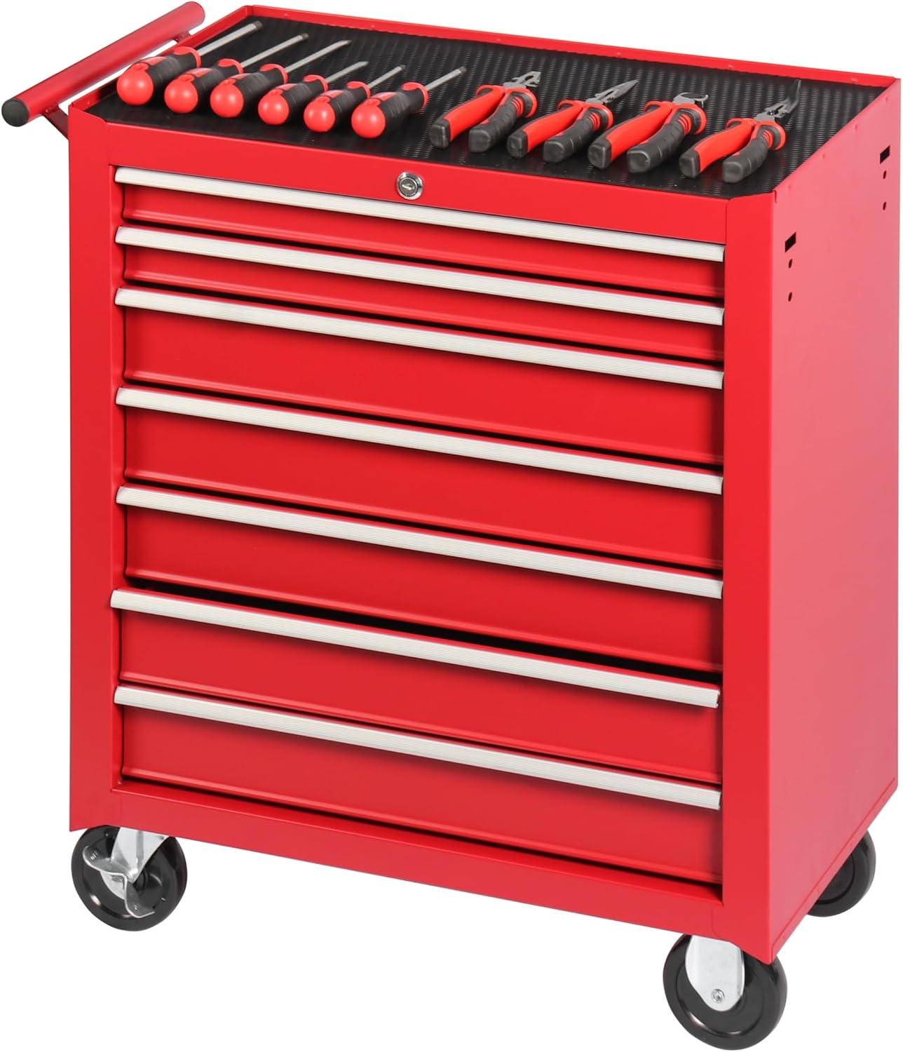 Rolling Tool Chest Cart with 7 Drawers,Storage Tool Cabinet on 4 Wheels. Lockable Tool Cart with Drawer Liners.Steel Tool Box Organizer for Garage,Repair Workshop-Red Plus