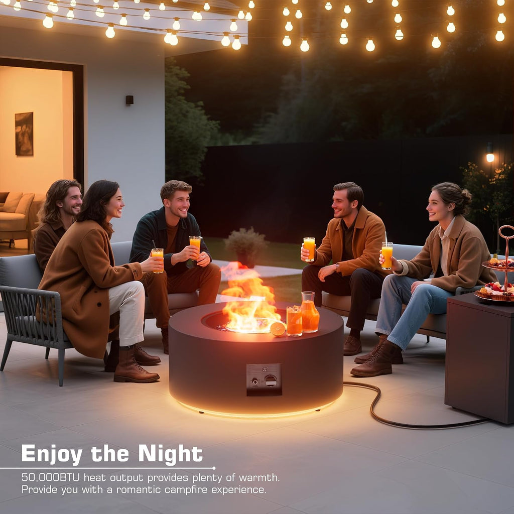 2-Piece 30' LED Round Propane Fire Pit for Outside Patio with Hidden Tank Table, 50,000 BTU Fireplaces with Lid, Glass Rocks, Cover(Dark Grey w/Golden Light)