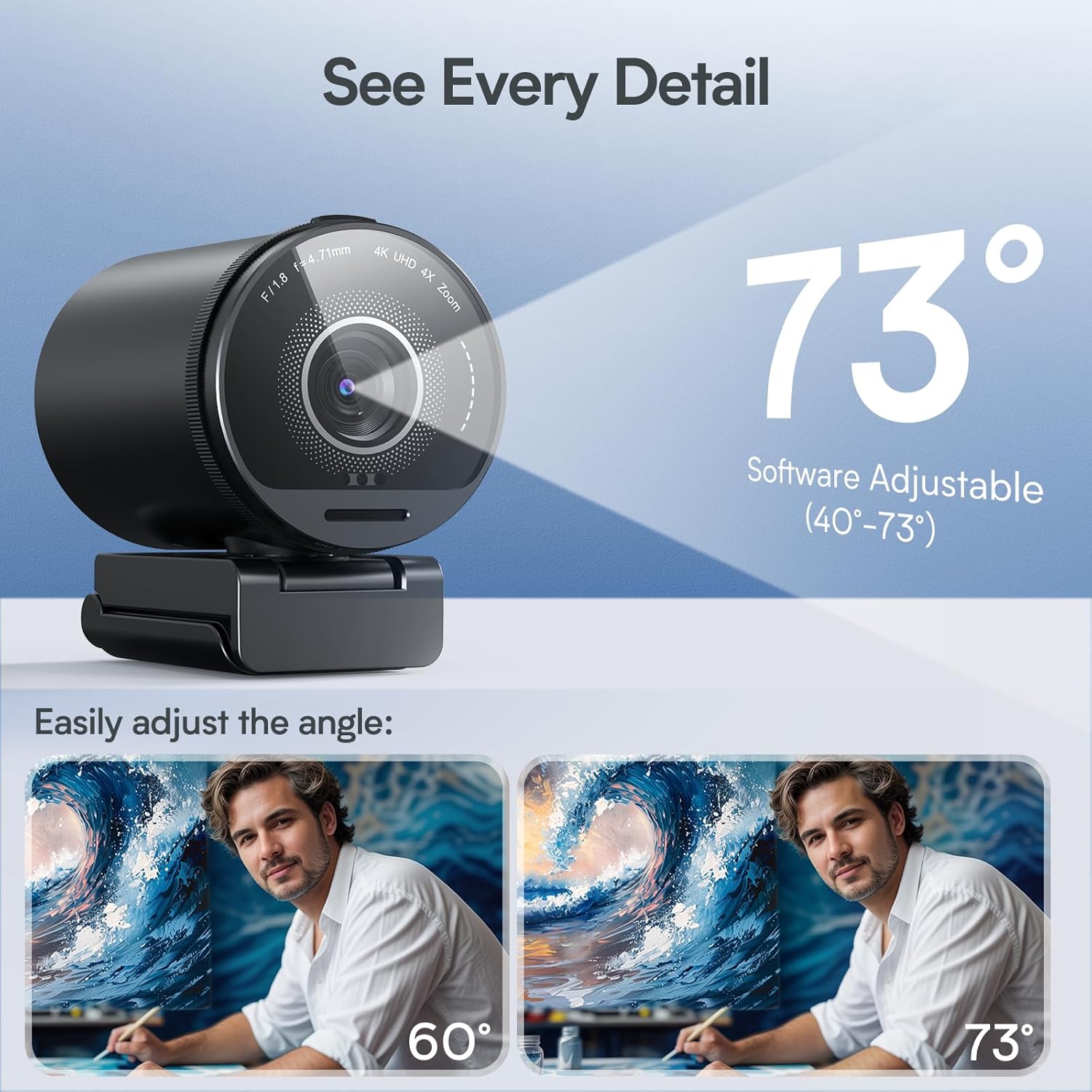 EMEET SmartCam S800 4K Webcam for Streaming, 1/2'' Sensor, Supports HDR, PDAF&TOF Dual-autofocus, 1080P@60fps, 2 Noise-Cancelling Mics, 40°-73° FOV, Perfect for Live Streaming & Online Meetings