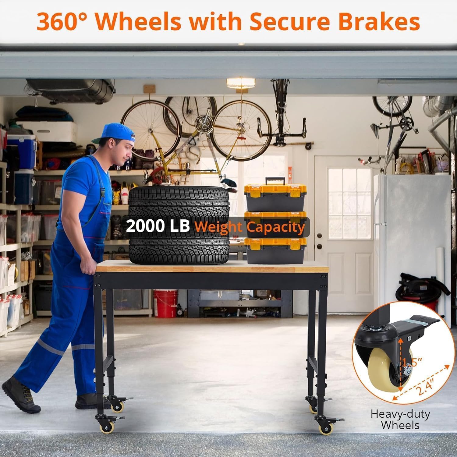 60' Adjustable Garage Workbench with Wheels, 2000LB Capacity, Hardwood Top, Power Outlets, Heavy Duty Work Table for Workshop, Home Office, Tools