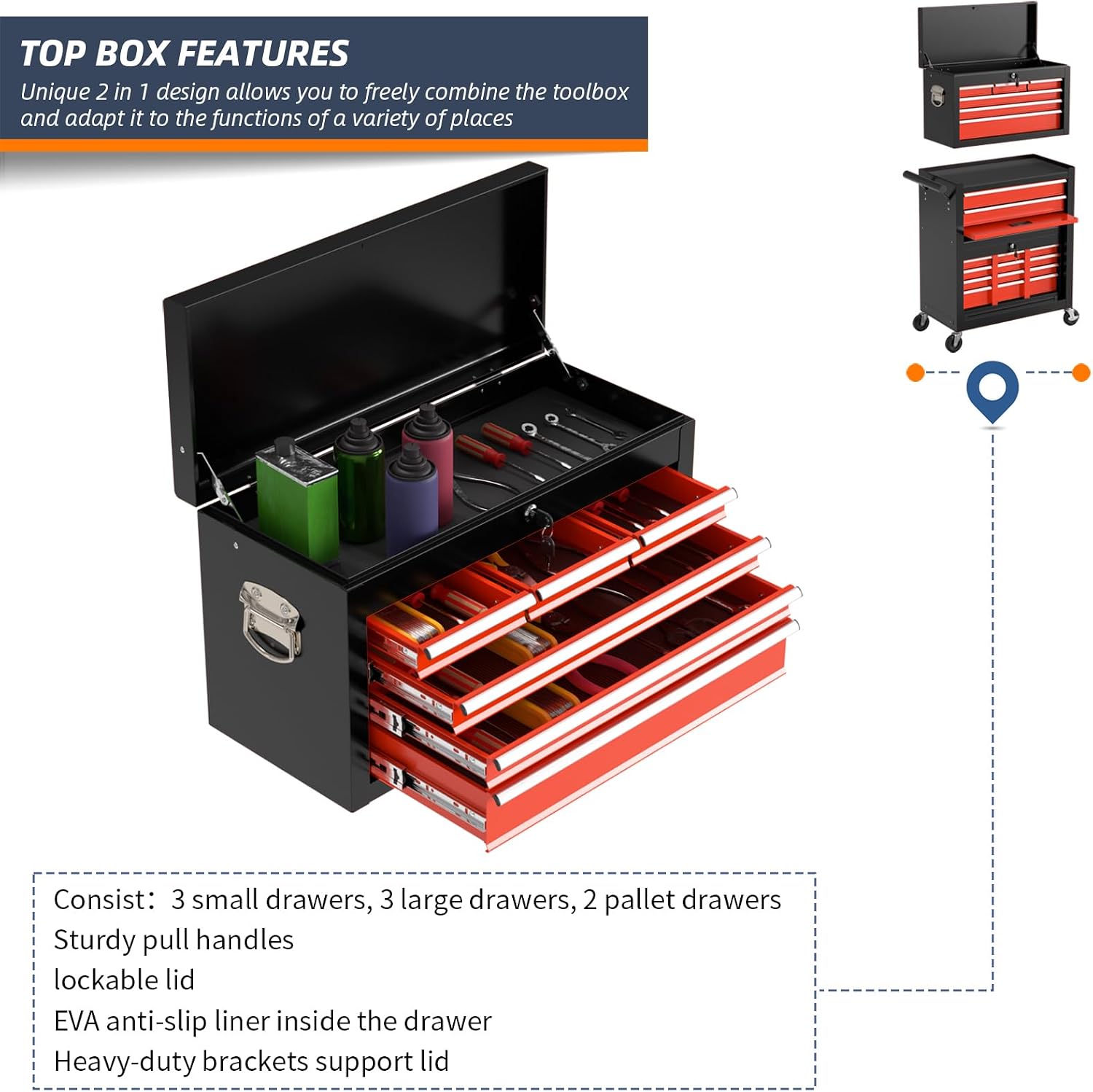 8-Drawer Rolling Tool Box, Lockable Rolling Tool Chest with Wheels and Drawers, 2 in 1 Large Capacity Storage Tool Cabinet for Warehouse, Garage, Tool Room and Repair Shop (Black&Red)