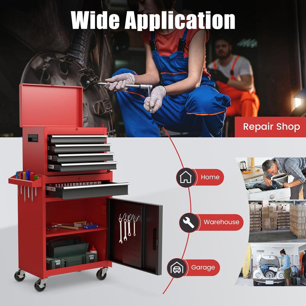 DORTALA Rolling Tool Chest Cabinet, Tool Box Organizer with 5 Sliding Drawers, Locking System, Toolbox Storage Cabinet on Wheels for Garage Workshop, Black & Red