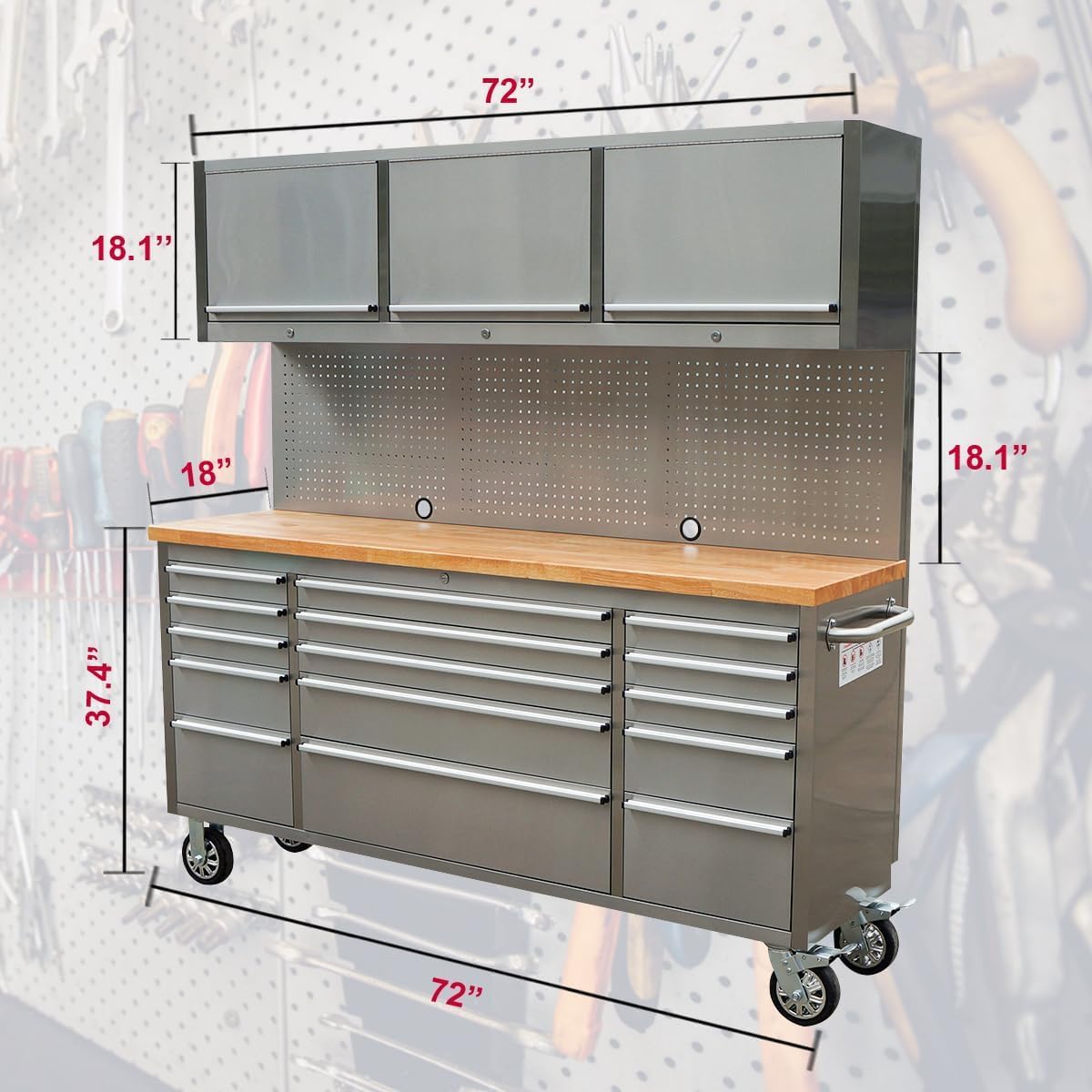 2 Pack - 72' Stainless Steel Rolling Tool Chest with 15 Drawers + 3 Upper Cabinets, Lockable Storage Cabinet, Large Mobile Workbench, Tool Box with Wheels for Garage (1 × HTC7218W1 + 1 × HTC7215W1)