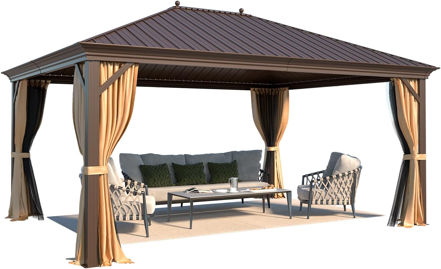 YOLENY 12' X 16' Hardtop Gazebo Galvanized Steel Outdoor Patio Canopy Permanent Gazebos with Single Roof Aluminum Frame, Netting & Curtains for Garden, Patio, Lawns, Deck