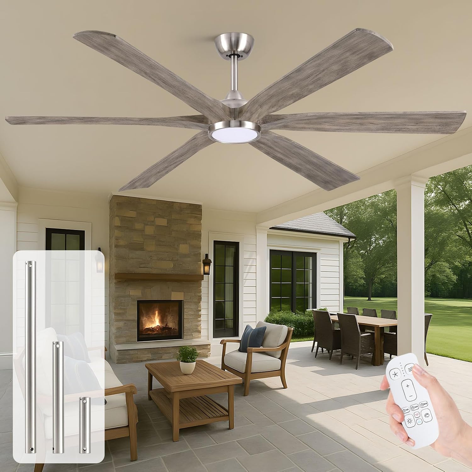 72 Inch Indoor Outdoor Ceiling Fans for Patios with Light Remote -Large Modern Gray Wood Ceiling Fan with Quiet Energy Efficient DC Motor, Dimmable Low Profile Ceiling Fan for Porch Gazebo Garage
