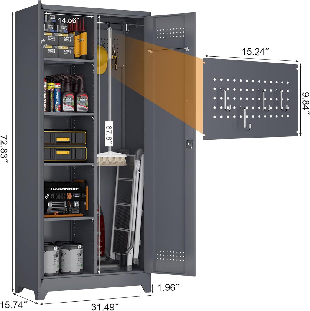 GREATMEET 72.8' H Tall Metal Garage Storage Cabinet for Cleaning Tools, Lockable Double Door Utility Organizer with Pegboard & Tool Hanging Bars, Grey